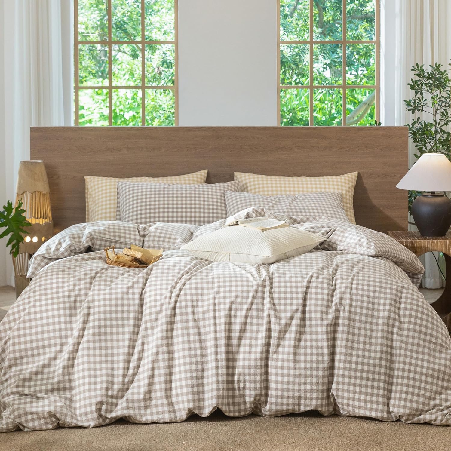 Lanqinglv Vichy - Funda nórdica de 220 x 240 cm, color caqui a cuadros, juego de cama para adultos, 2 personas, de microfibra clásica, fundas de edredón con cremallera y 2 fundas de almohada de 65 x