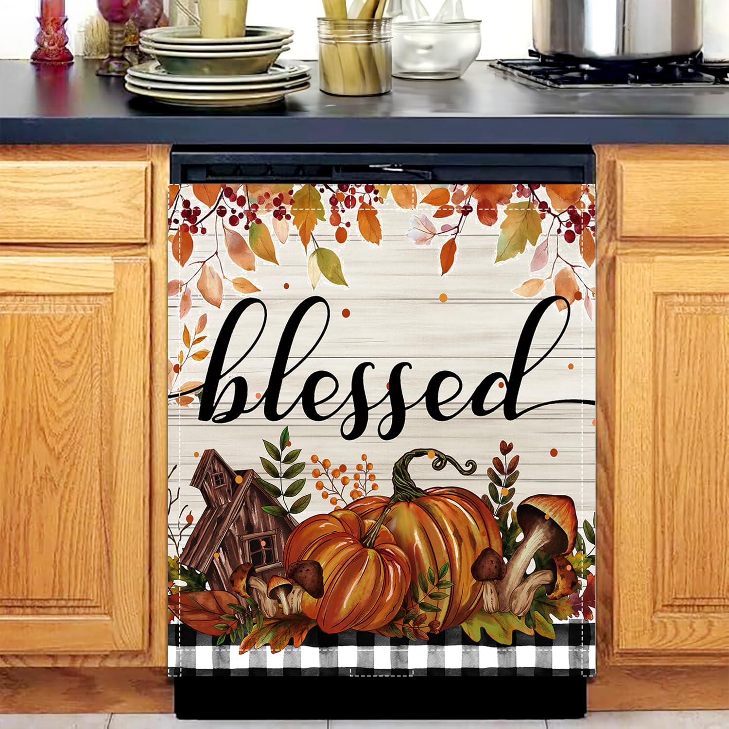 Fall Pumpkin Dishwasher Magnet Cover Blessed Autumn Dishwasher Magnet Sticker for Kitchen 23x26 in Thanksgiving Decor Dish Washer Magnets Cover Refrige Magnets Panel Decal