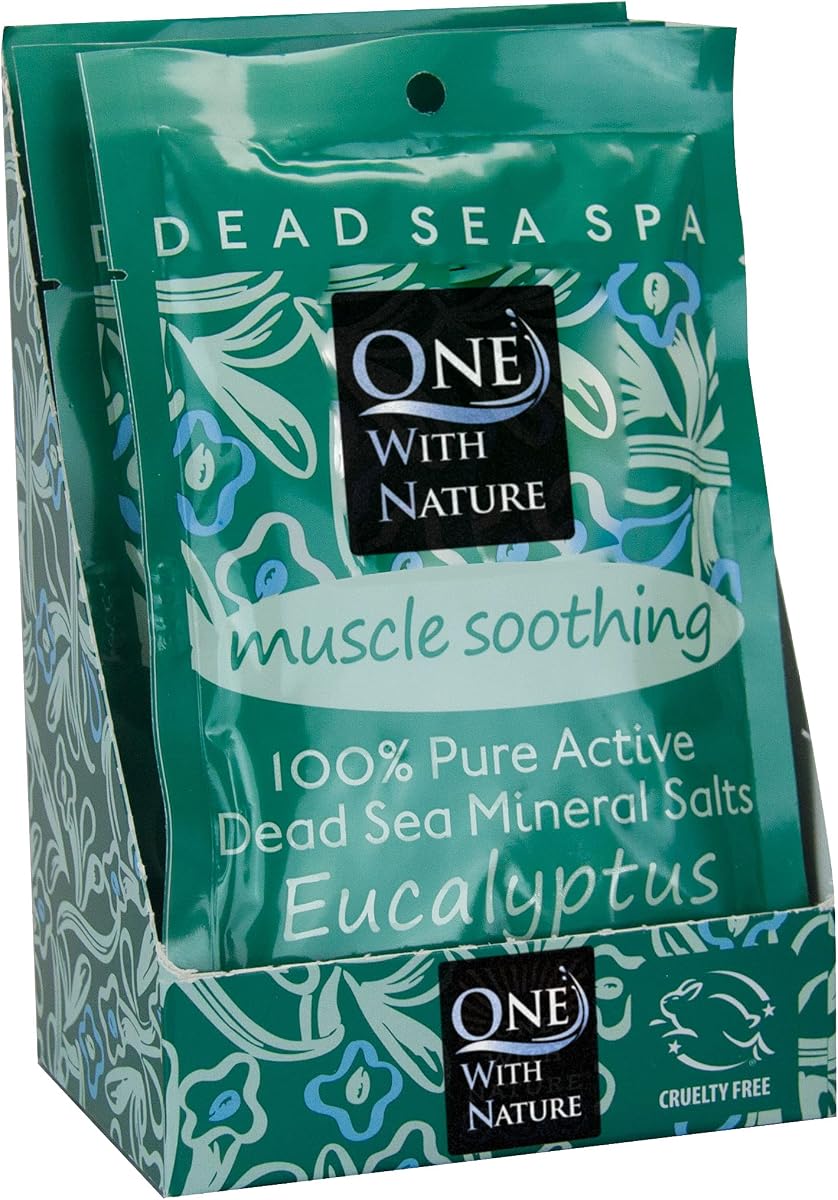 One With Nature Sal del Mar Muerto 100% pura para baño de eucalipto, 2.5 oz, paquete de 6. La sal del Mar Muerto tiene un alto contenido de 21 minerales esenciales, como magnesio, azufre, zinc y potasio. Nutritiva y Terapéutica de la Piel.