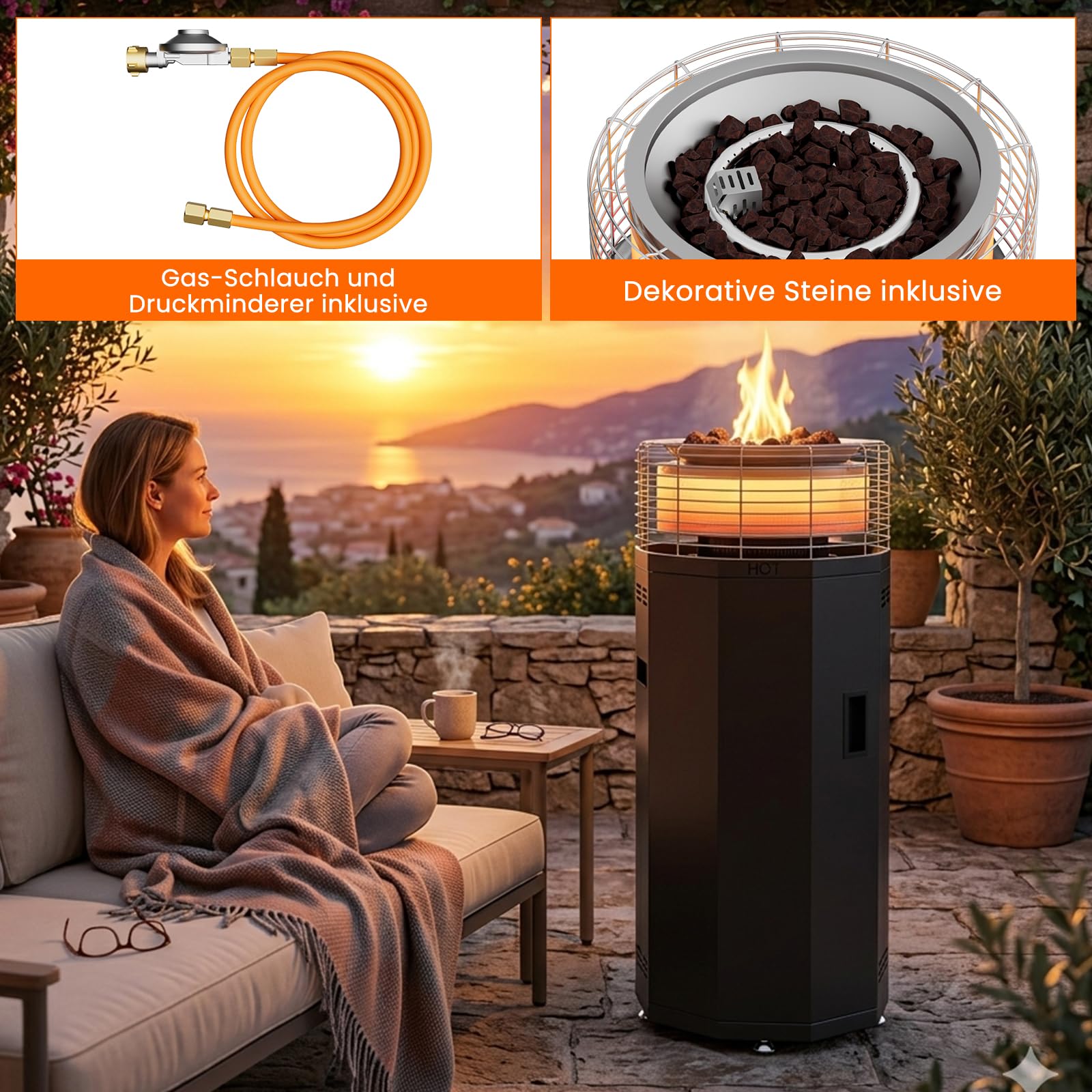 3-in-1 16kW Tragbarer Heizpilz Gas & Feuerrohr für Terrasse – Propangas Terrassenheizer & Feuersäule mit 3 Modi (Flamme/Wärme/Beides) - rauchfrei, Piezo-Zündung - Regler & Schlauch