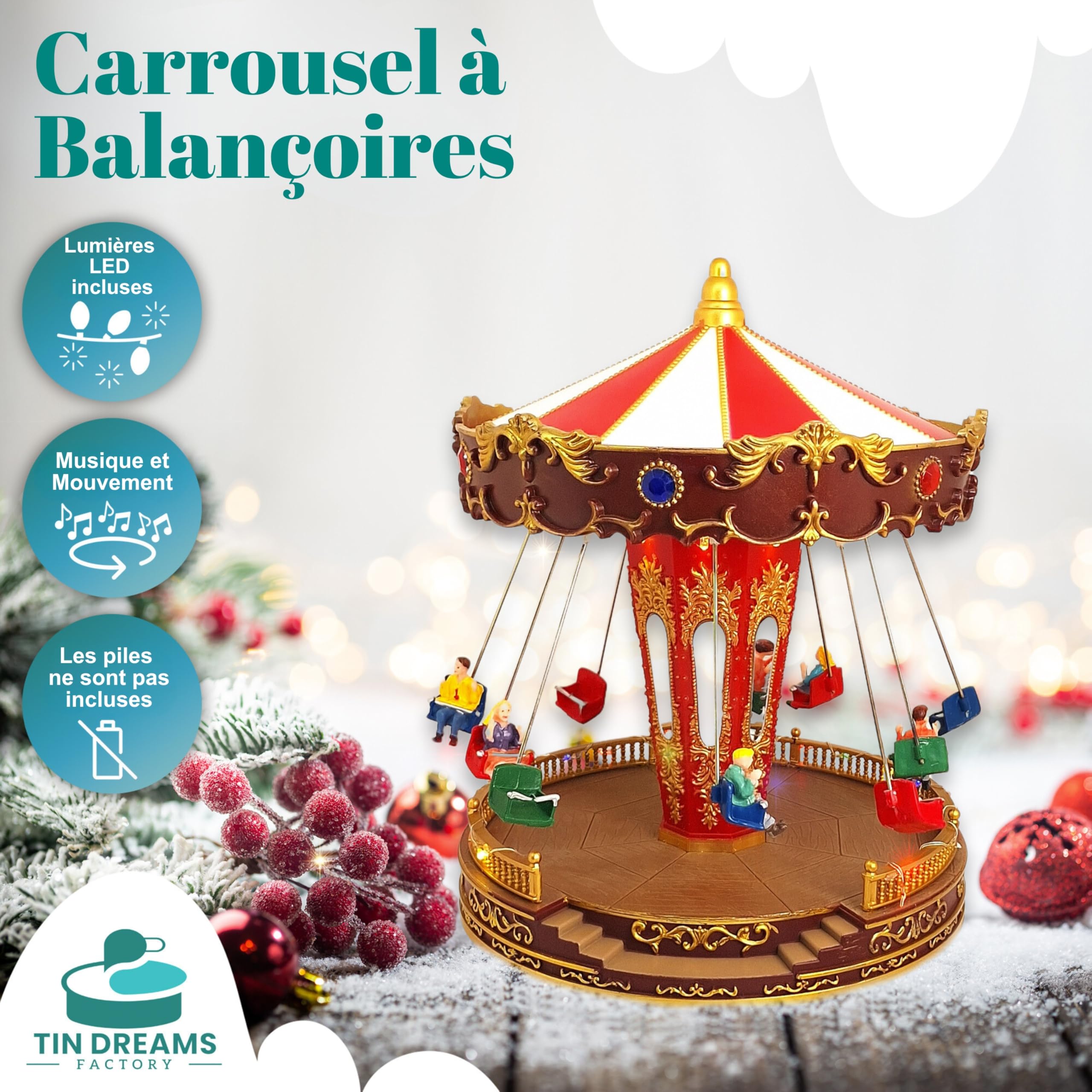 TIN Dreams | Carrousel de Noël Musical avec Mouvement, Lumières LED et Balançoires | Manège de Noël Animé | Décoration Village de Noël, Scène Miniature, Maison Illuminée | Déco Christmas Élégant