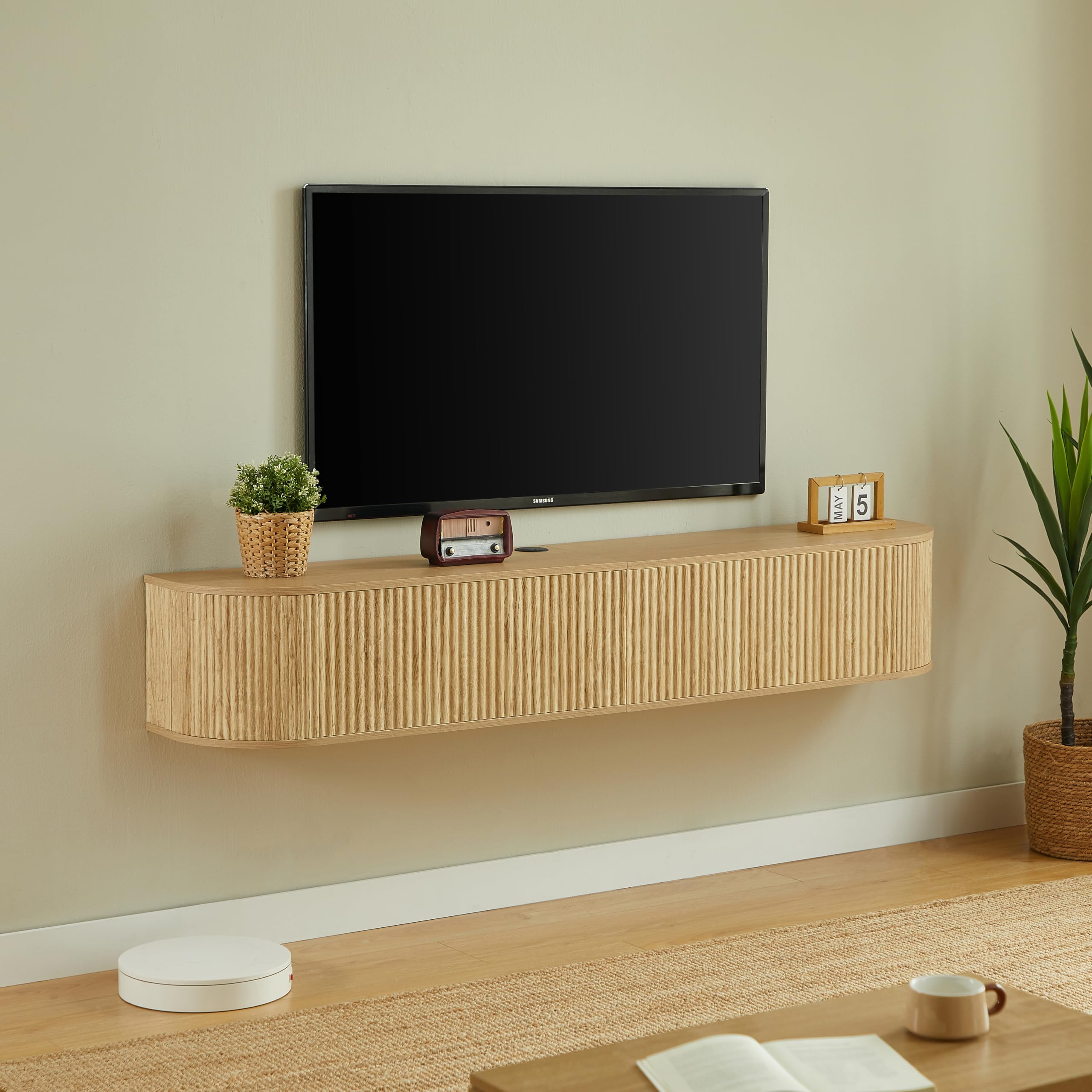 Mobile TV sospeso, adatto per televisori da 50 a 80 pollici, lunghezza 180 cm, grande capienza, moderno, versatile e combinabile con numerosi arredamenti, naturale