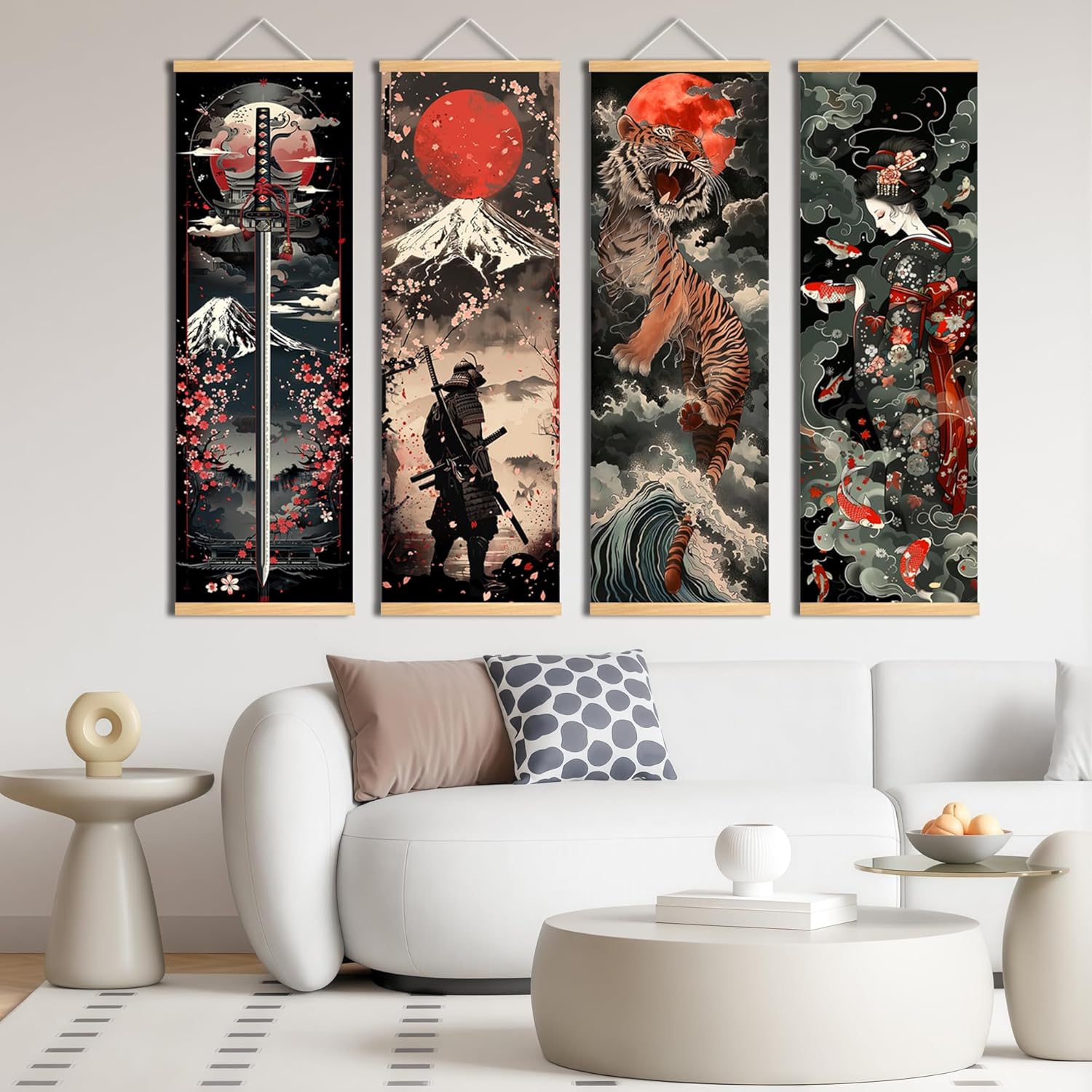 Pennimor 4PCS Japanese Wall Art Poster, 15.8x47.2in Geisha and Samurai Canvas Painting, Wall Scrolls for Bedroom, Bathroom, Room Decor, Hanging Artwork Banner, Artistic japan Pictures