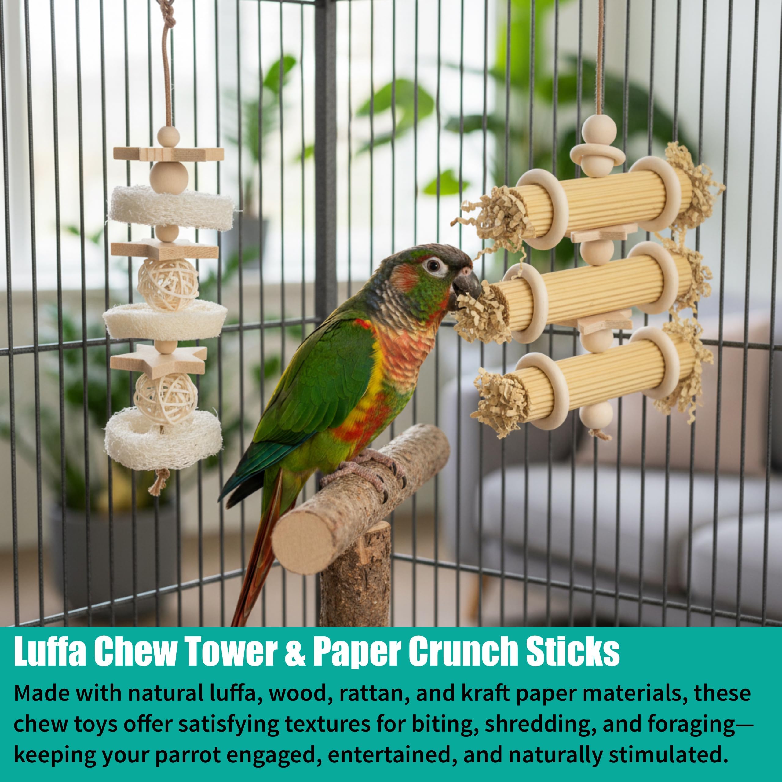 6 Pcs Natural Bird Toys for Parrots - Seagrass Swing, Loofah, Wood & Corn Husk Chew Toy Set - Shredding Enrichment Kit for Small to Medium Cockatiels, Parakeets, Conures, Budgies - image 5