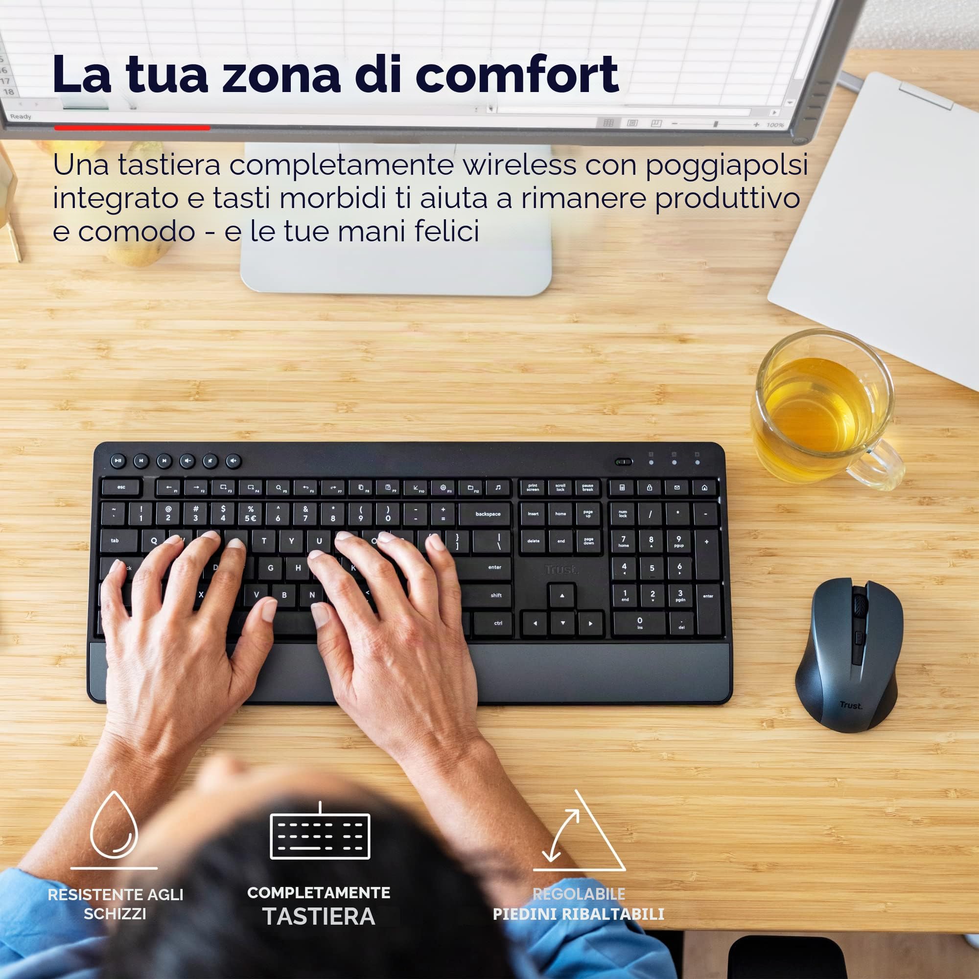 Trust Trezo Layout Olandese (QWERTY) Set Tastiera e Mouse Wireless, Nero