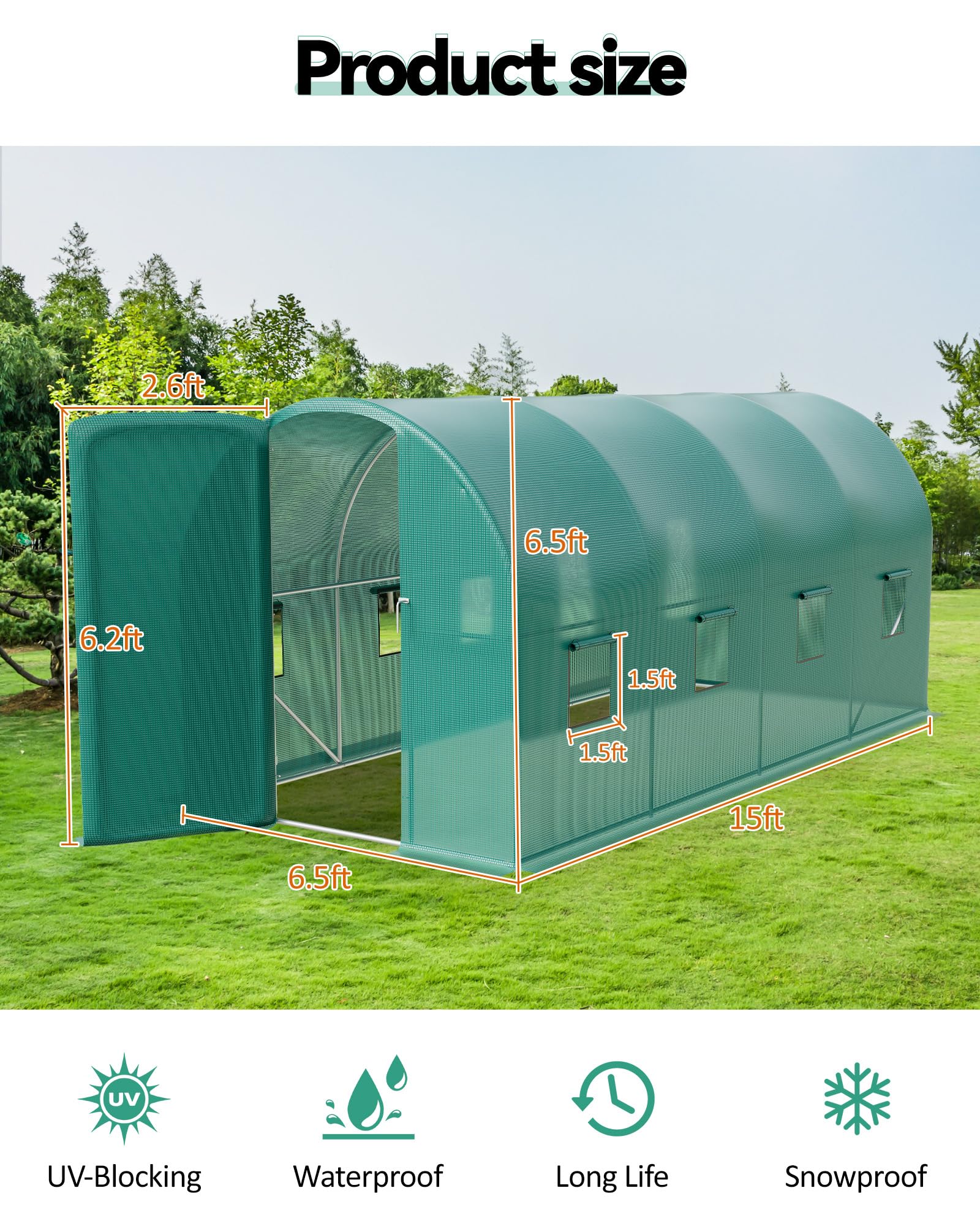 Serra tunnel da esterno 15x7x7 ft in acciaio zincato rinforzato - Copertura PE robusta - 8 finestre ventilate - Porta a battente - Perfetta per orto e verdure tutto l'anno - Cancello in ferro