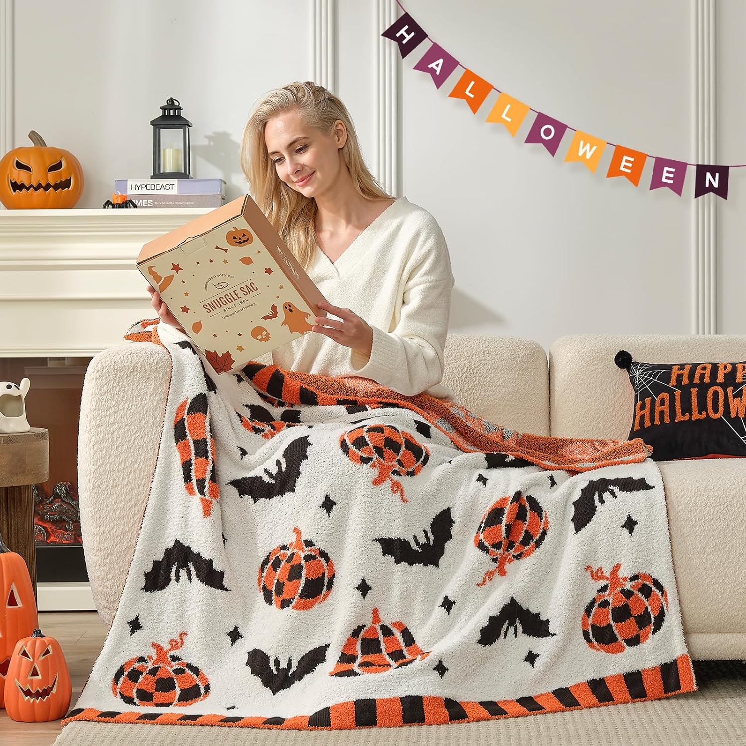Snuggle Sac Halloween Throw Blanket Orange Pumpkin Blanket, Black Bat Halloween Throw Blanket for Couch 50x60 inches, Ultra Soft Decorative Blanket