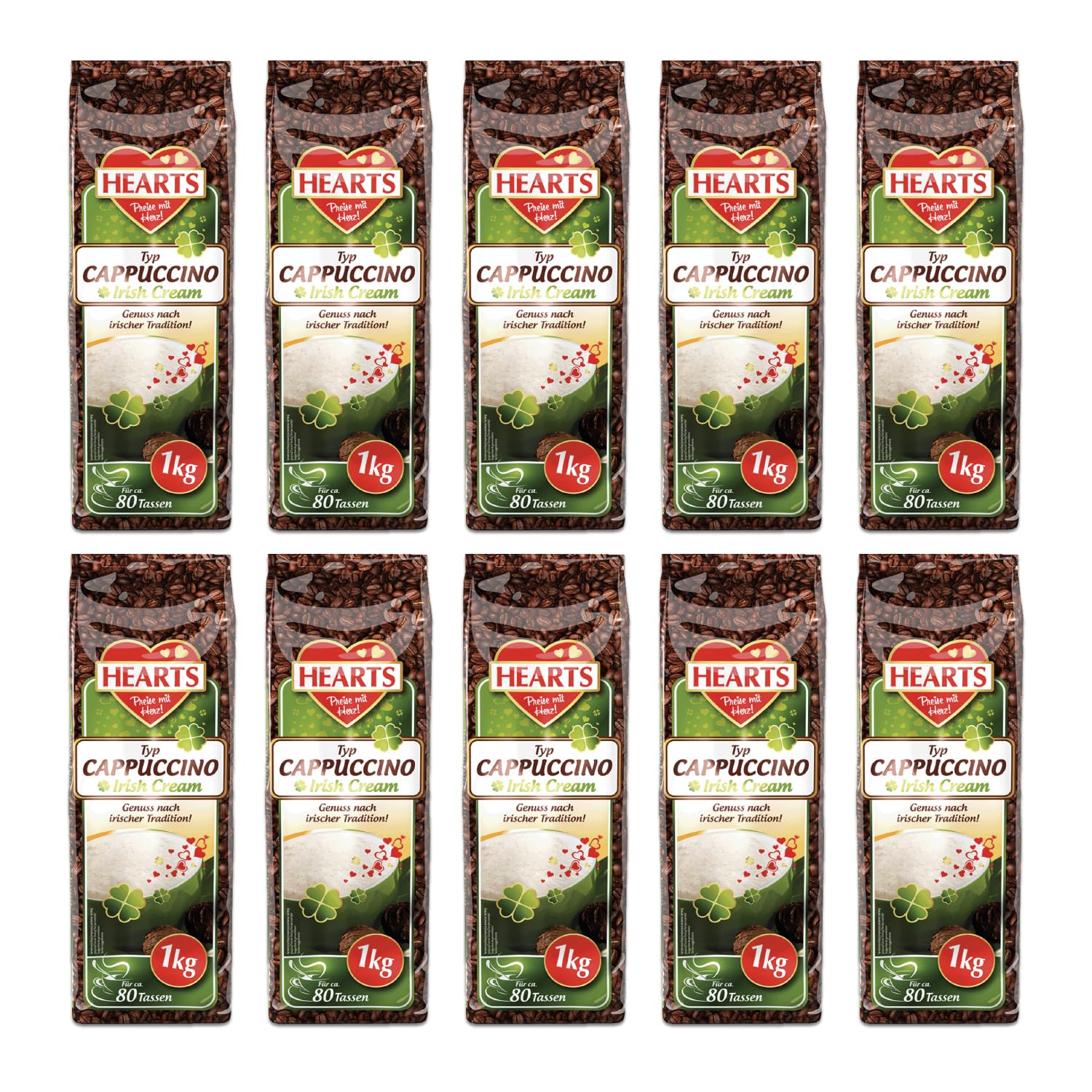 HEARTS Cappuccino Irish Cream 10 x 1 kg – Disfruta según la tradición irlandesa – Paquete de almacenamiento, fácilmente soluble, café instantáneo – suficiente para 800 tazas