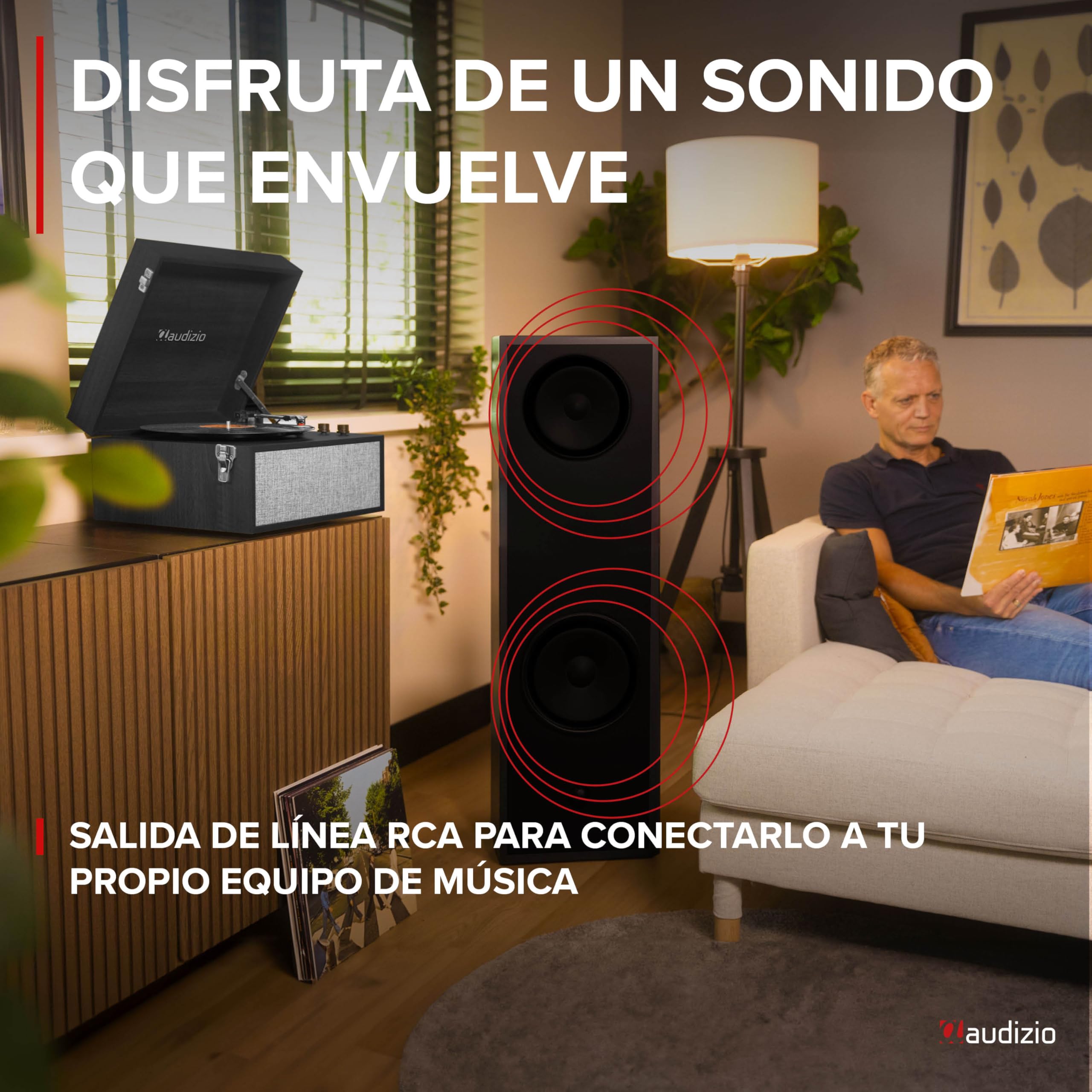 Audizio Fremont - Tocadiscos Retro con Patas de Madera, Bluetooth bidireccional, USB para digitalizar vinilos, Altavoces estéreo, RCA, 3 velocidades, Entrada AUX y Salida de Auriculares Color Negro