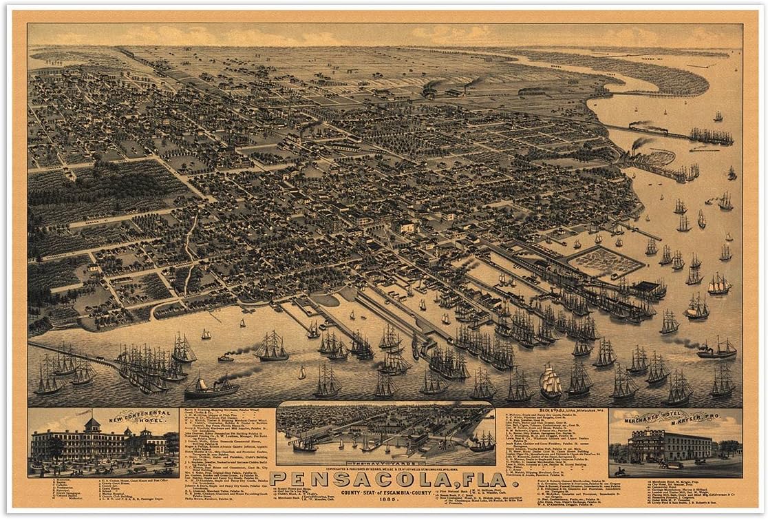 Antiguos Maps Bird's Eye View of Pensacola Florida, Escambia County circa 1885 | Art Print Poster Vintage Wall Decor | 24 x 36 inches (610 x 915 mm)