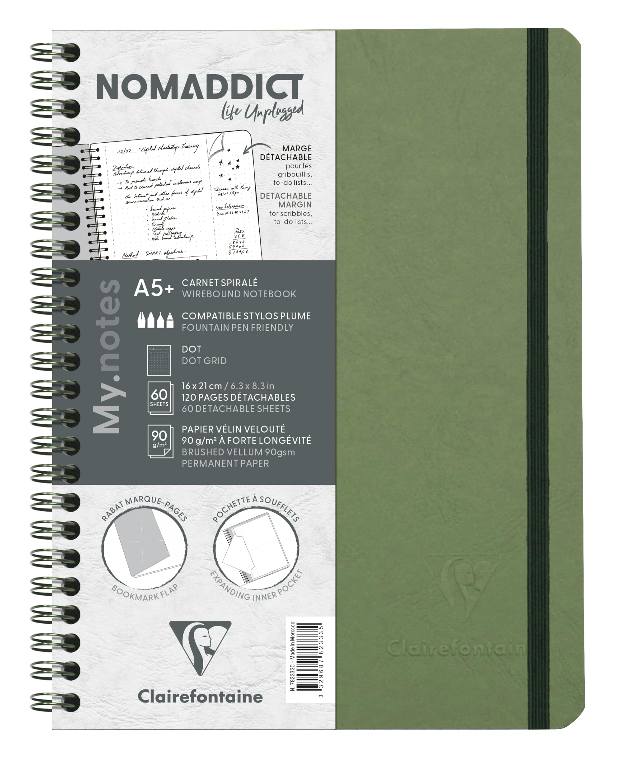 Clairefontaine 782333C Collection Age Bag MyNotes Green Spiral Notebook w/ Margins - A5+ 16x21cm - 120 Detachable Pages DOT - White 90g - Cover Leather Grain