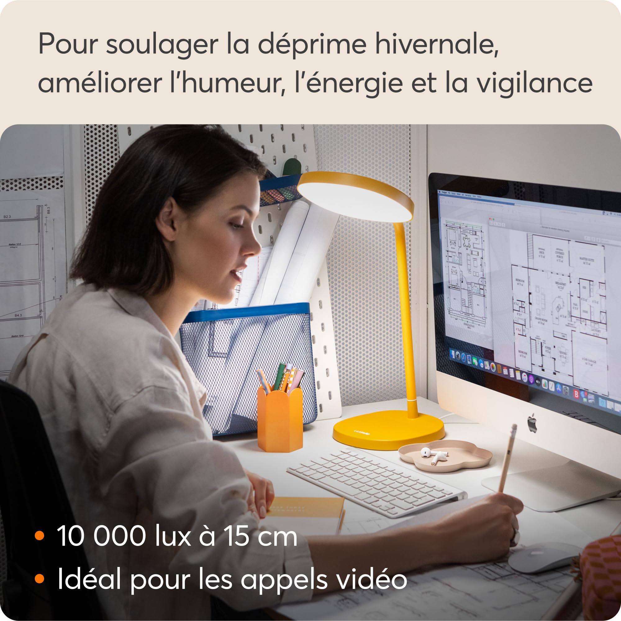 Lumie Task | Lampe LED thérapie lumineuse, réglable, anti-déprime hivernale, éclairage cristallin, confort visuel, meilleure humeur et énergie | Jaune Doré