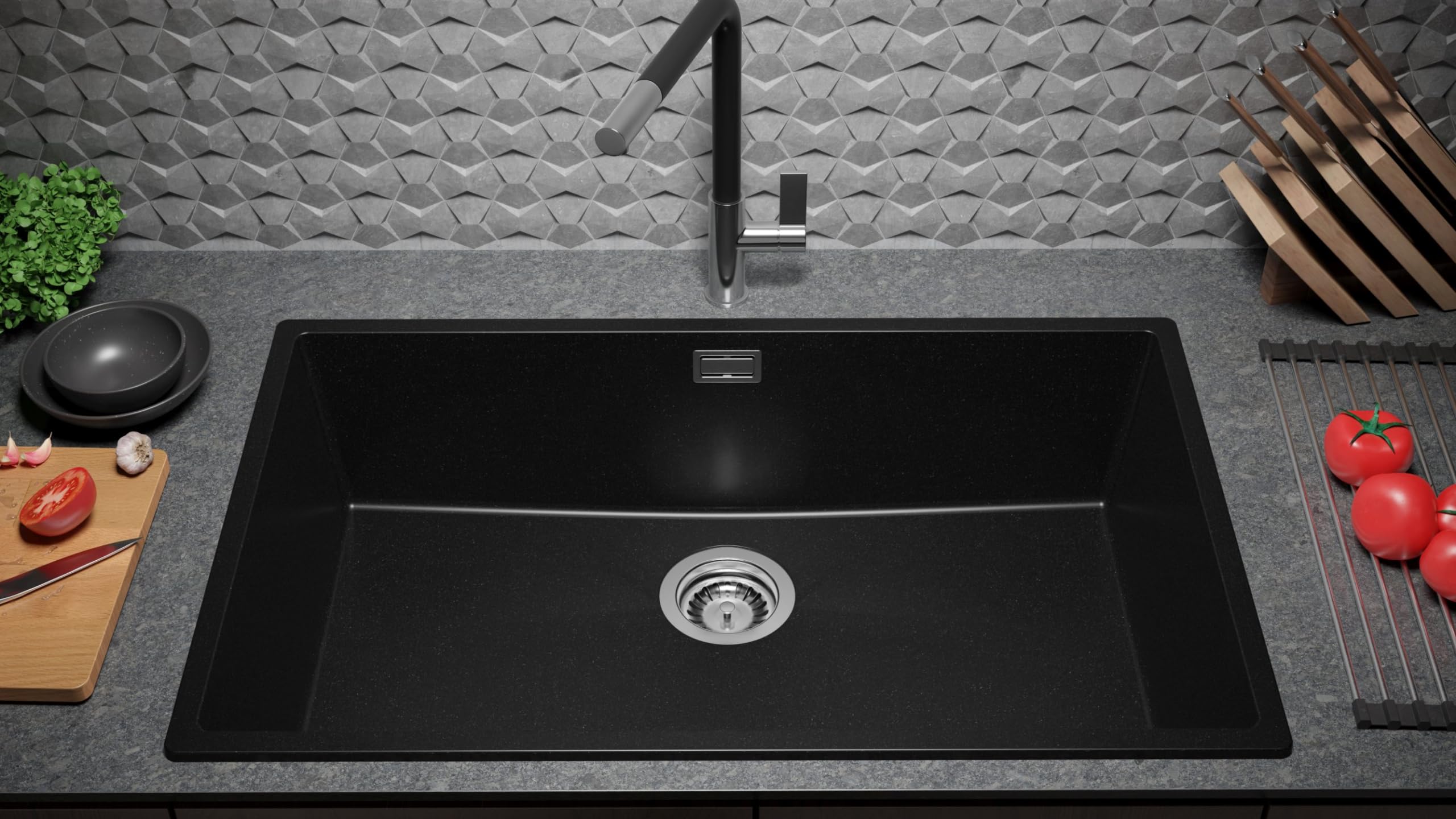 PRIMAGRAN Lavello da Cucina Nero 76x47cm, Lavandino in Granito a 1 vasca + Sifone Classico, Lavabo da Cucina Incasso al Mobile 80cm - London Slim S477