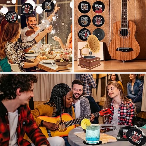 Miniatura 6 de Divertidos posavasos retro para discos de vinilo, juego de 6 posavasos creativos con soporte para tocadiscos de vinilo para amantes de la música,
