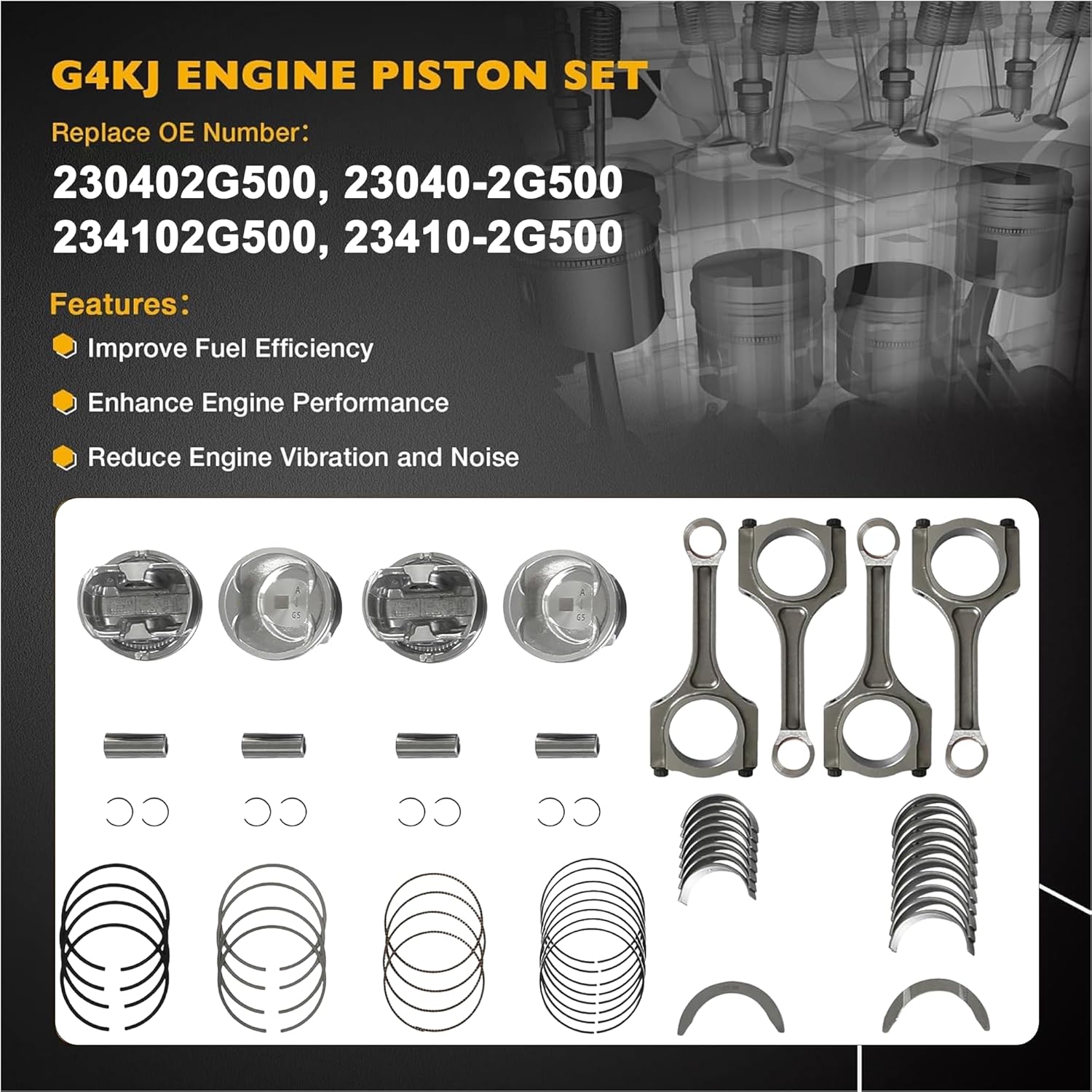 G4KJ 2.4 Crankshaft Piston Kit w/Engine Rebuild Overhaul Kit with Fit for Kia Sportage Optima Sorento 2014-2020, for Hyundai Tucson Sonata 2.4L 2011-2019, 23111-2G200 230402G500