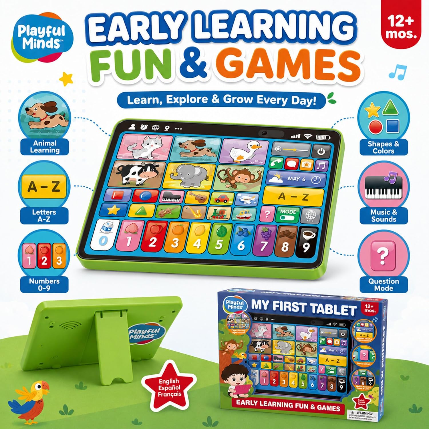 Playful Minds: My First Tablet - Interactive Light & Sound Learning Pad, Alphabet-Numbers-Colors, 3 Languages, Adjustable Device Stand, Toddler 12Mo+