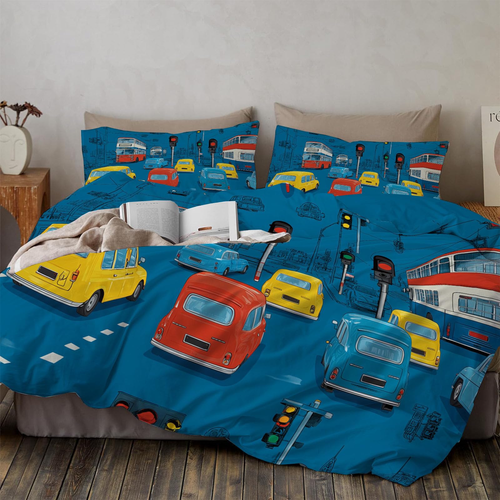 Parure de Lit Enfant 220x240 Dessin Animé Voiture Bus Bleu avec Taies