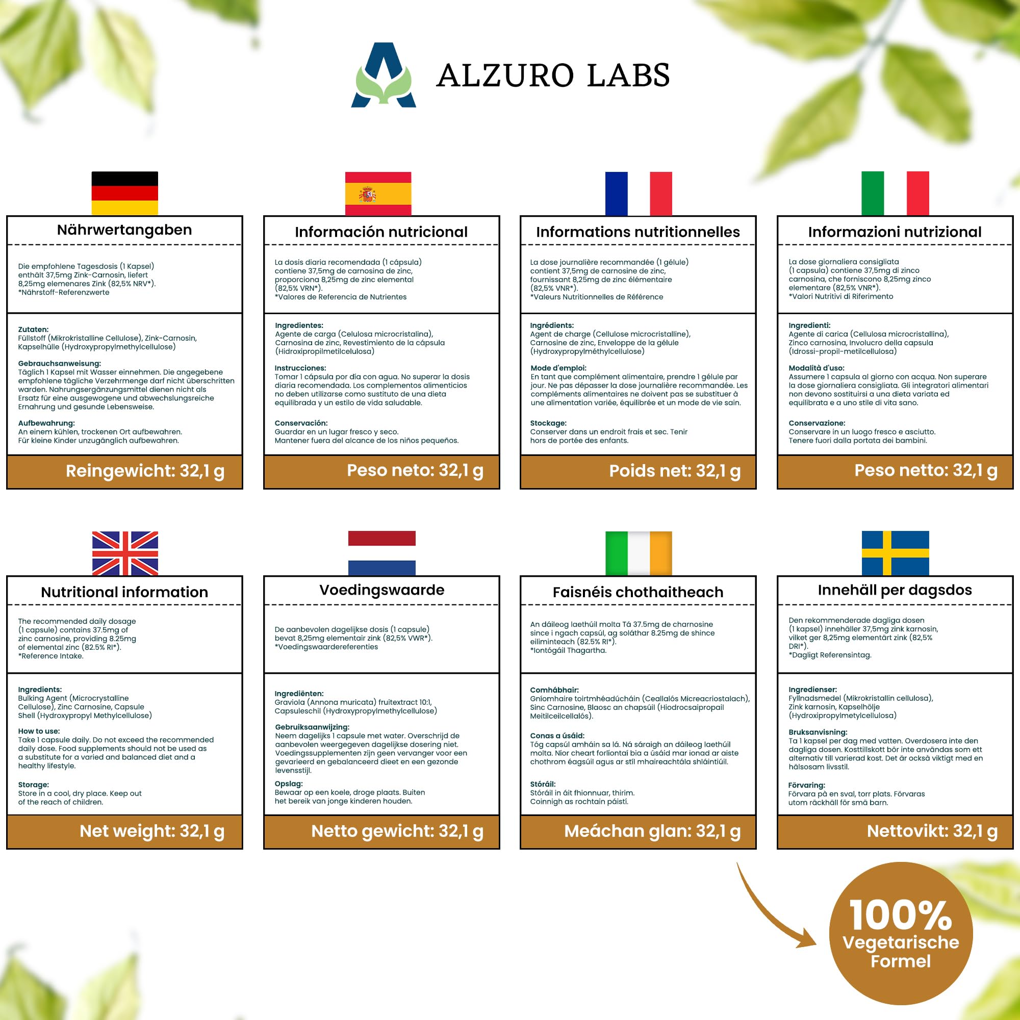 Zink-L-Carnosin | 37,5 mg | 8,25 mg elementares Zink (83% NRV) | 120 vegane Kapseln | Zinc L-Carnosine | GMP & Laborgeprüft