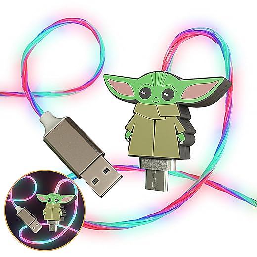 JOCRI Baby Yoda Glow-in-The-Dark USB-C Charger: 3ft Extended Cord with Durable Design, Ultra-Fast Charging Compatible for Android, Galaxy, and Note Series