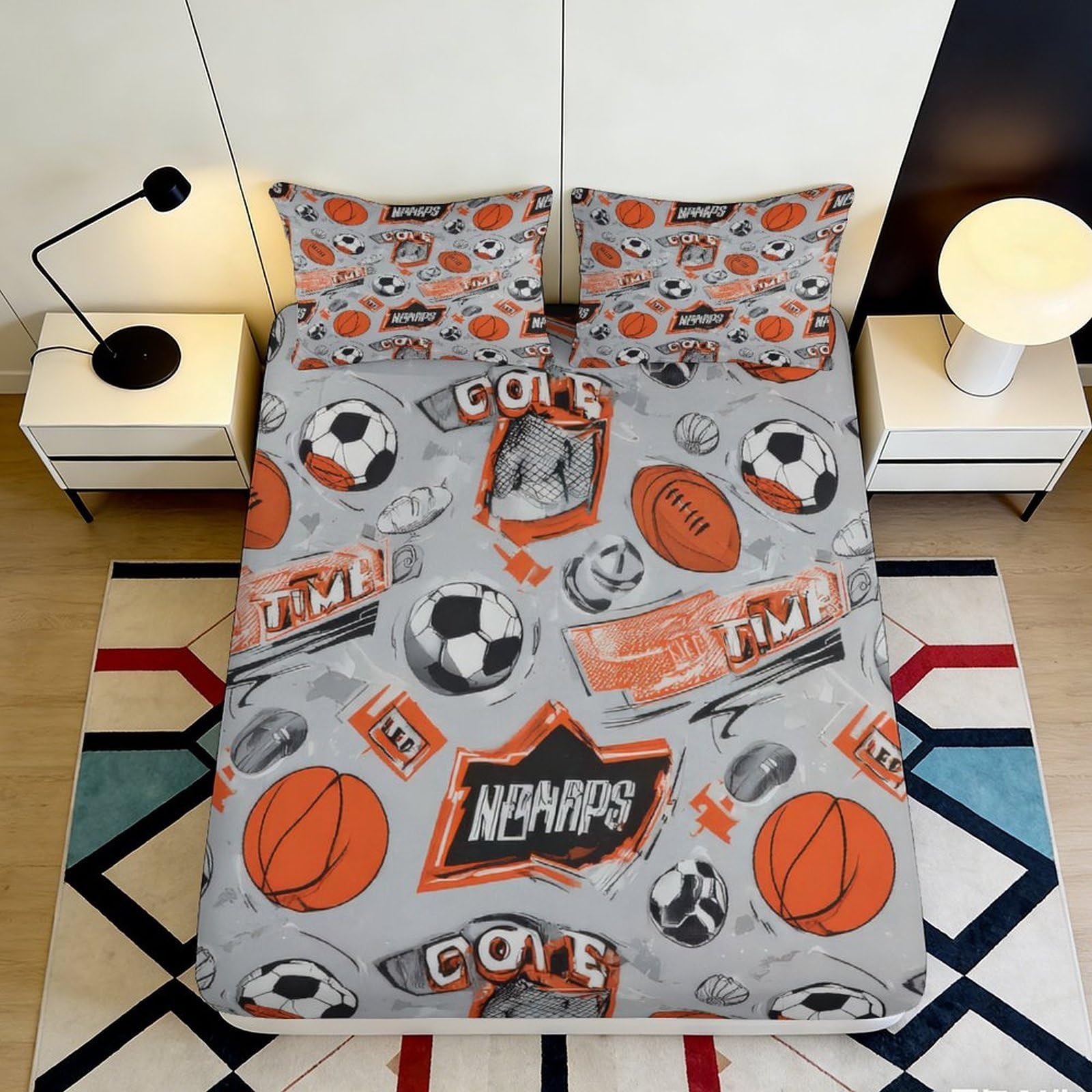 3D Printed Sports Pattern Fitted Sheet Microfiber Soft Durable Soccer Basketball Bed Cover for Bedroom Dormitory Guest Room Mattress Protection 90x200x25cm