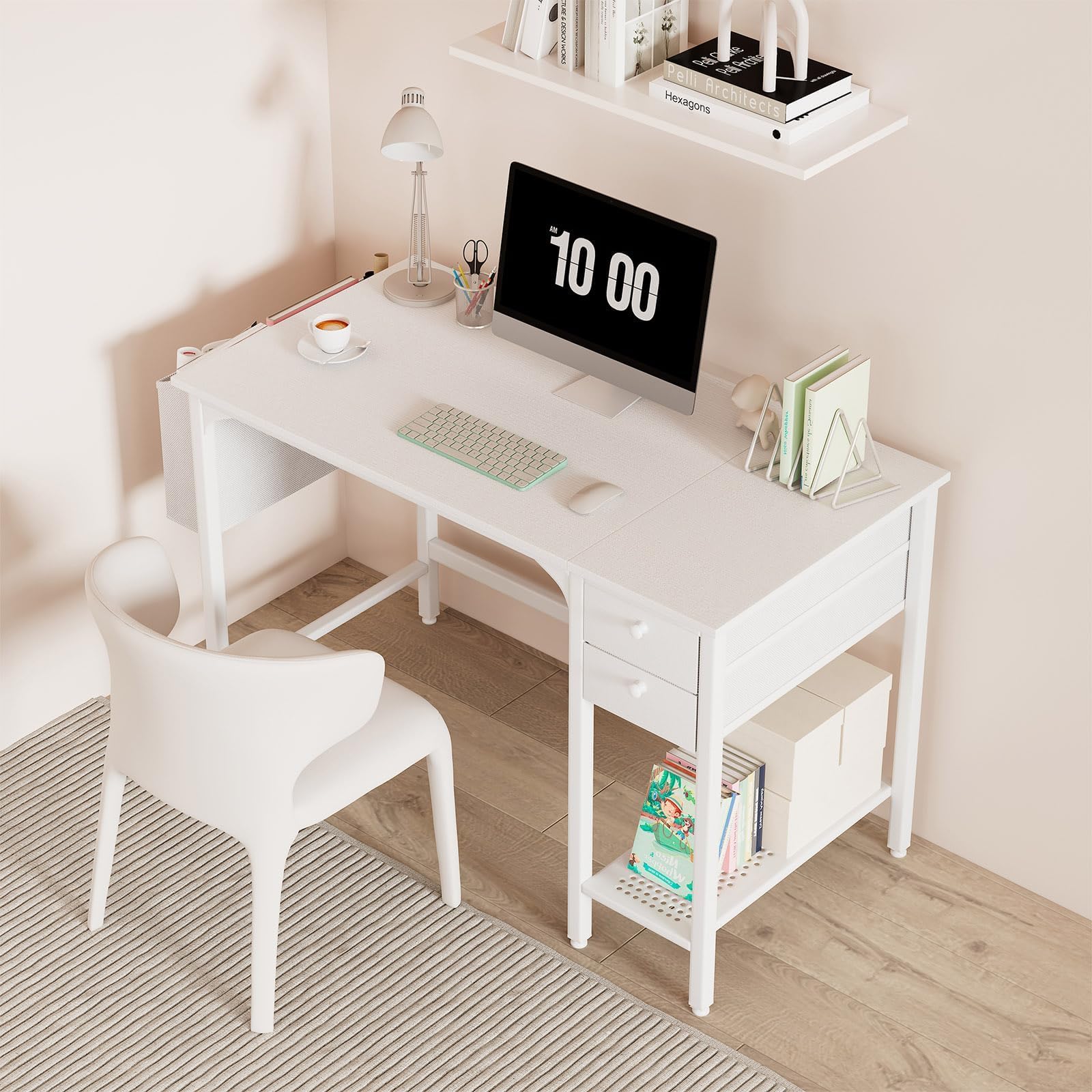 Lufeiya Bureau Blanc avec 2 Tiroirs de Rangement Petit PC Bureau 100cm Informatique pour Chambre Petit Espace Ado Fille