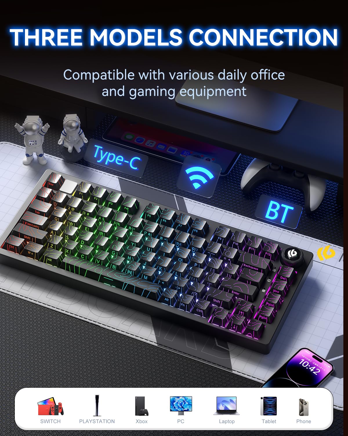 LEOBOG HI75C Pro Tastiera meccanica wireless 75% TKL RGB retroilluminata Buletooth tastiera meccanica con interruttore hot swap Reaper per MAC/Window/Andriod/PC Gaming - Interruttore turchese, nero