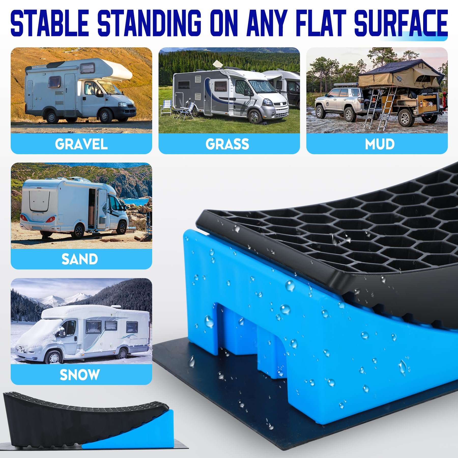 Rampas Para Coches, Calzos Autocaravana, 2 Unidades Rampa Coche, Camper Furgoneta Accesorios, Estabilizadores Camper, Máximo 5 Toneladas, Cuñas Niveladores Para Cualquier Superficie (blue)