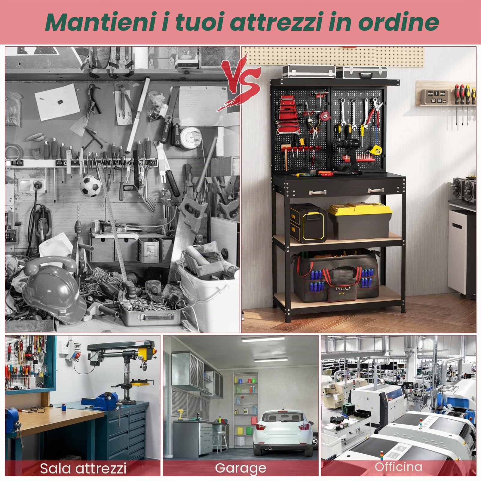 FANTASK Banco da lavoro alto 155 cm, banco attrezzi con parete forata e 13 accessori, tavolo da lavoro con cassetto