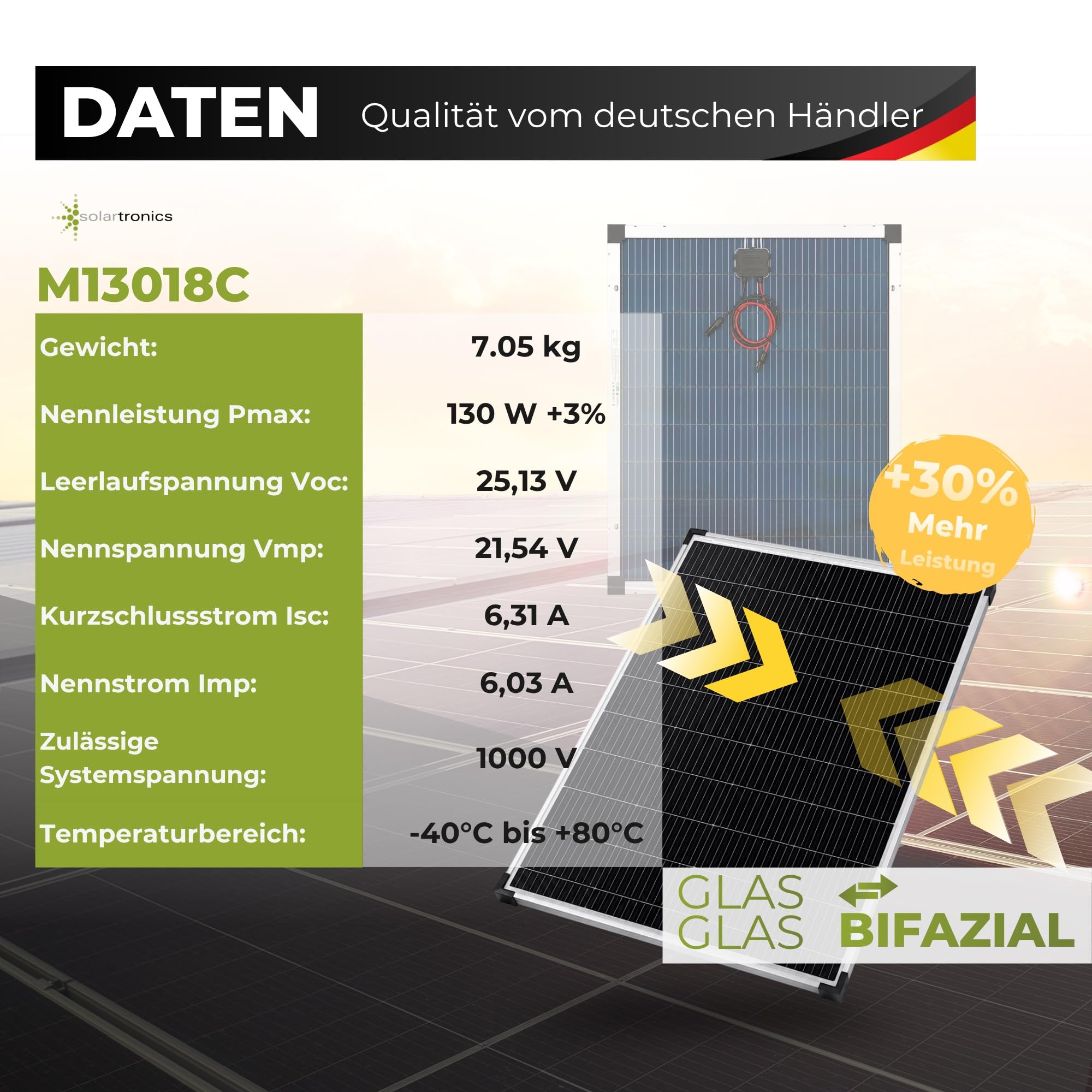 SOLARTRONICS Solarpanel 130W Monokristallin Bifazial Schwarz Silber | Glas-Glas 890 x 770 x 35 mm 7,05 kg 6,31 A
