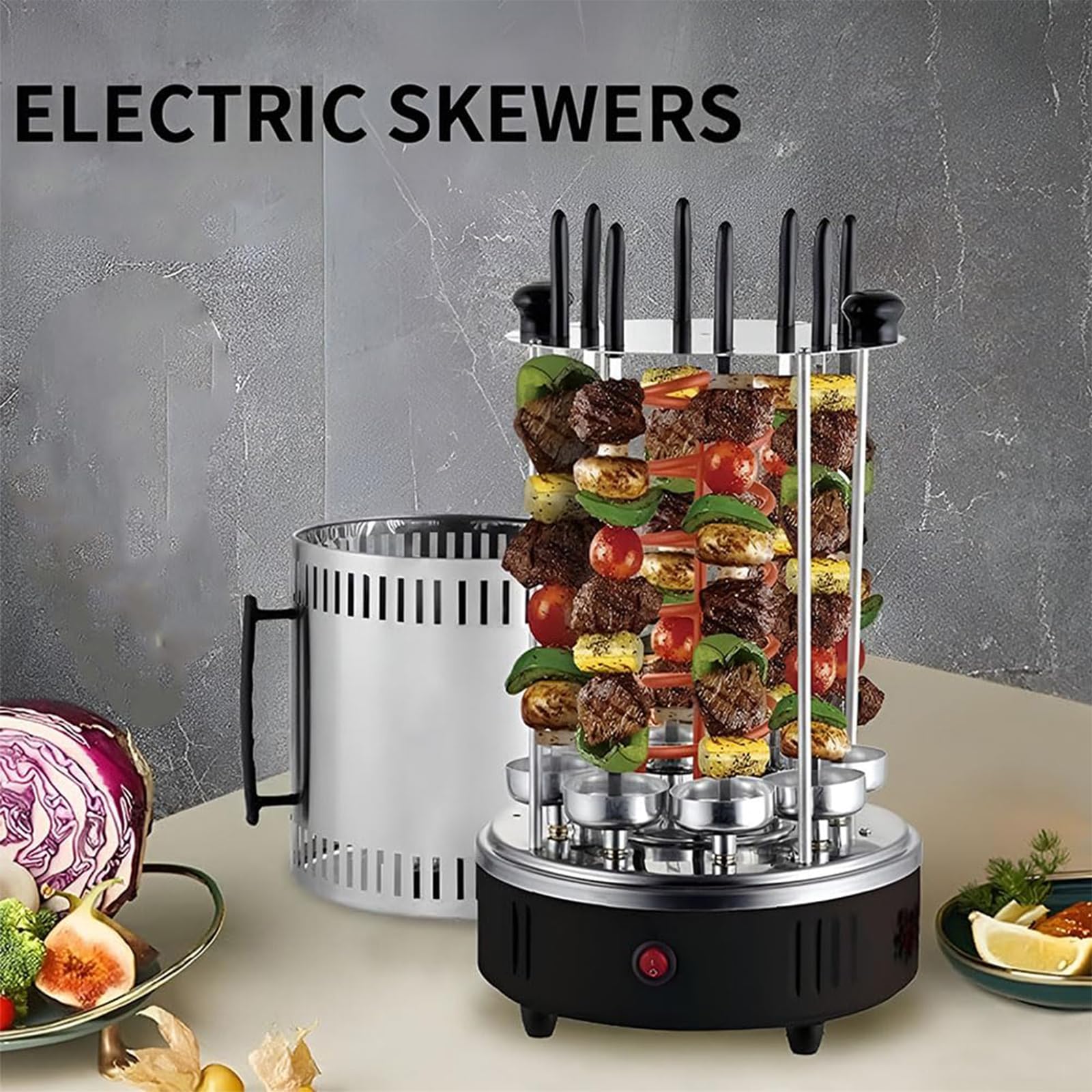 Elektryczny grill rożenowy, pionowy grill do kebaba o mocy 1200 W z automatycznym obrotem i 8 widelcami, bezdymny obrotowy piec do grillowania