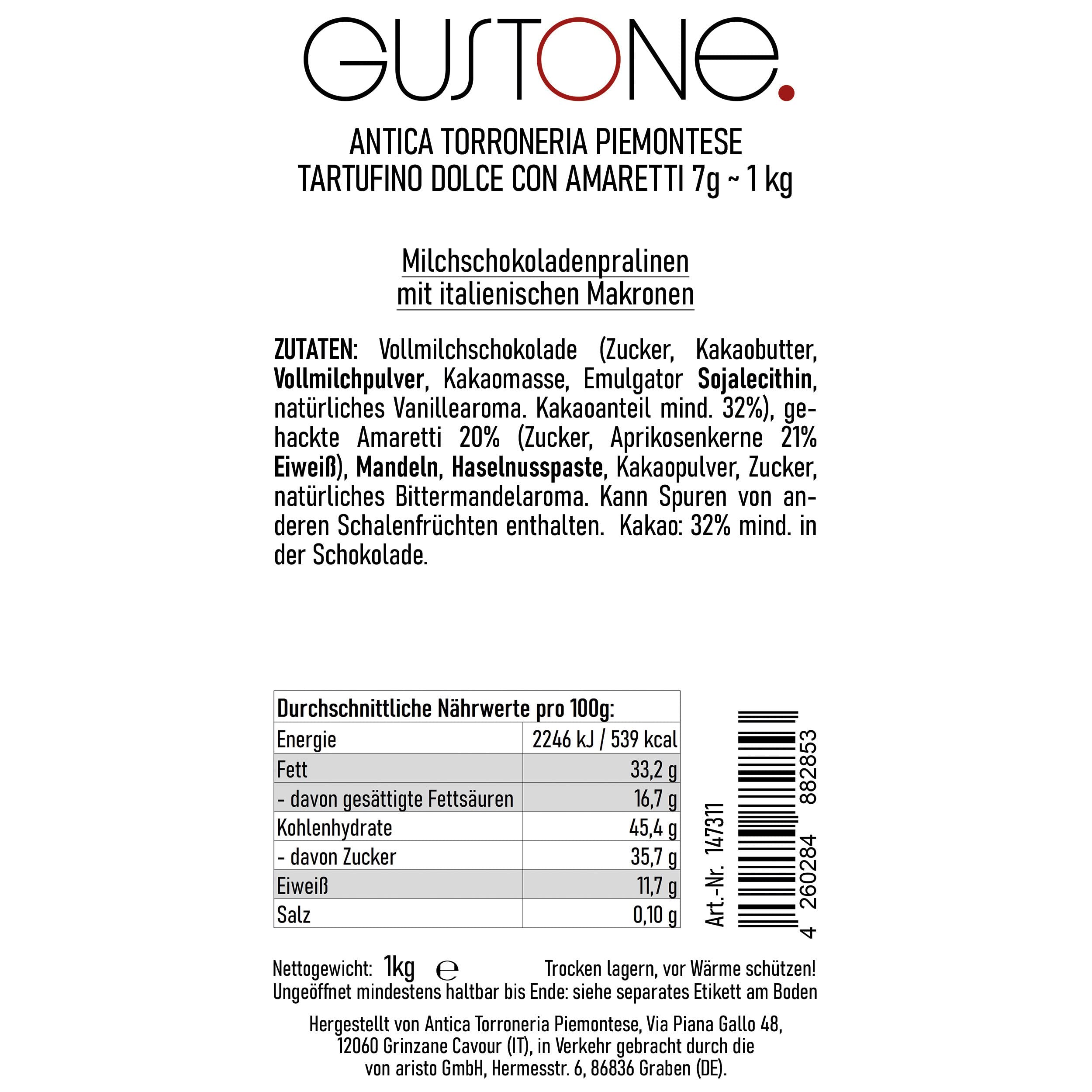 GUSTONE. Tartufini Dolci con Amaretti Antica Torroneria Piemontese 140 1kg | Amarettini Stückchen Vollmilch, Schokoladentrüffel, italienische Confiserie-Tradition, 32% Kakao, glutenfrei