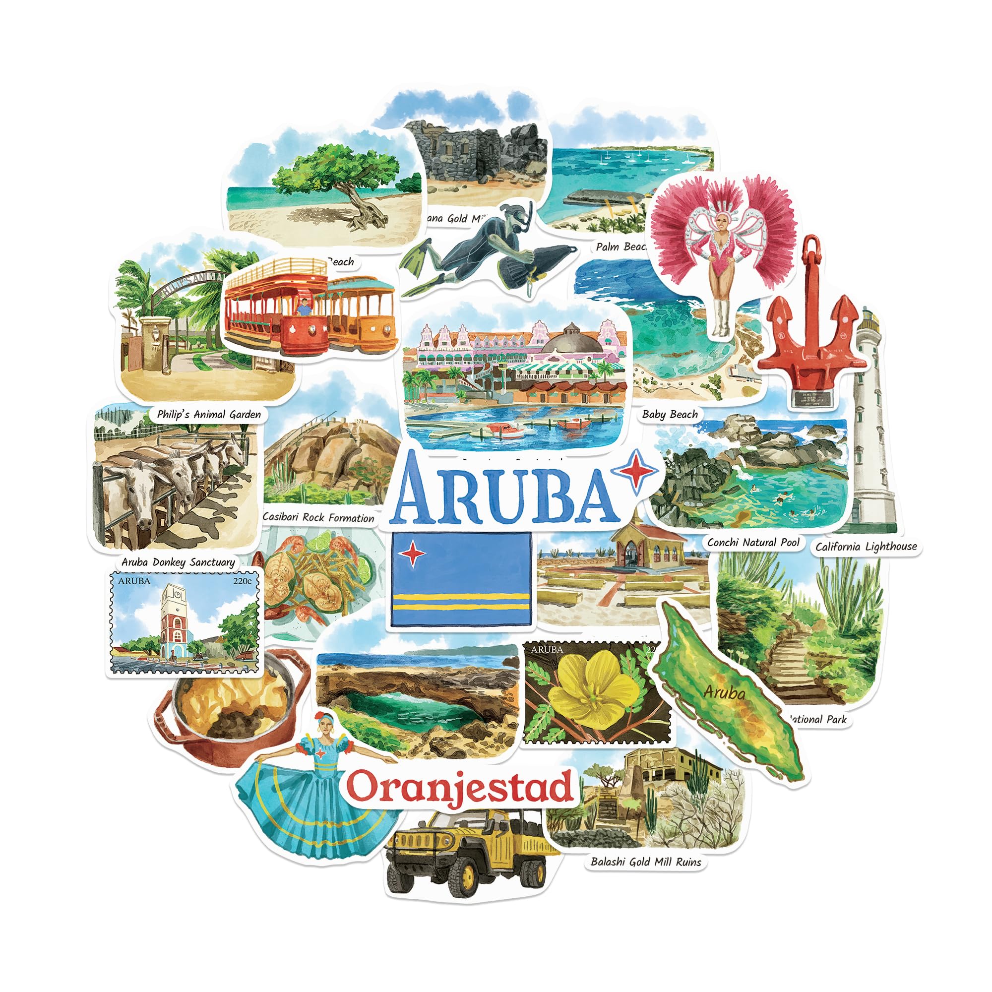 Navy Peony Multicolored Relaxing Aruba Travel Stickers (28Pcs)-Watercolor, Caribbean, Oranjestad, Aruban-Themed Vacation Stickers For Scrapbooks, Journals