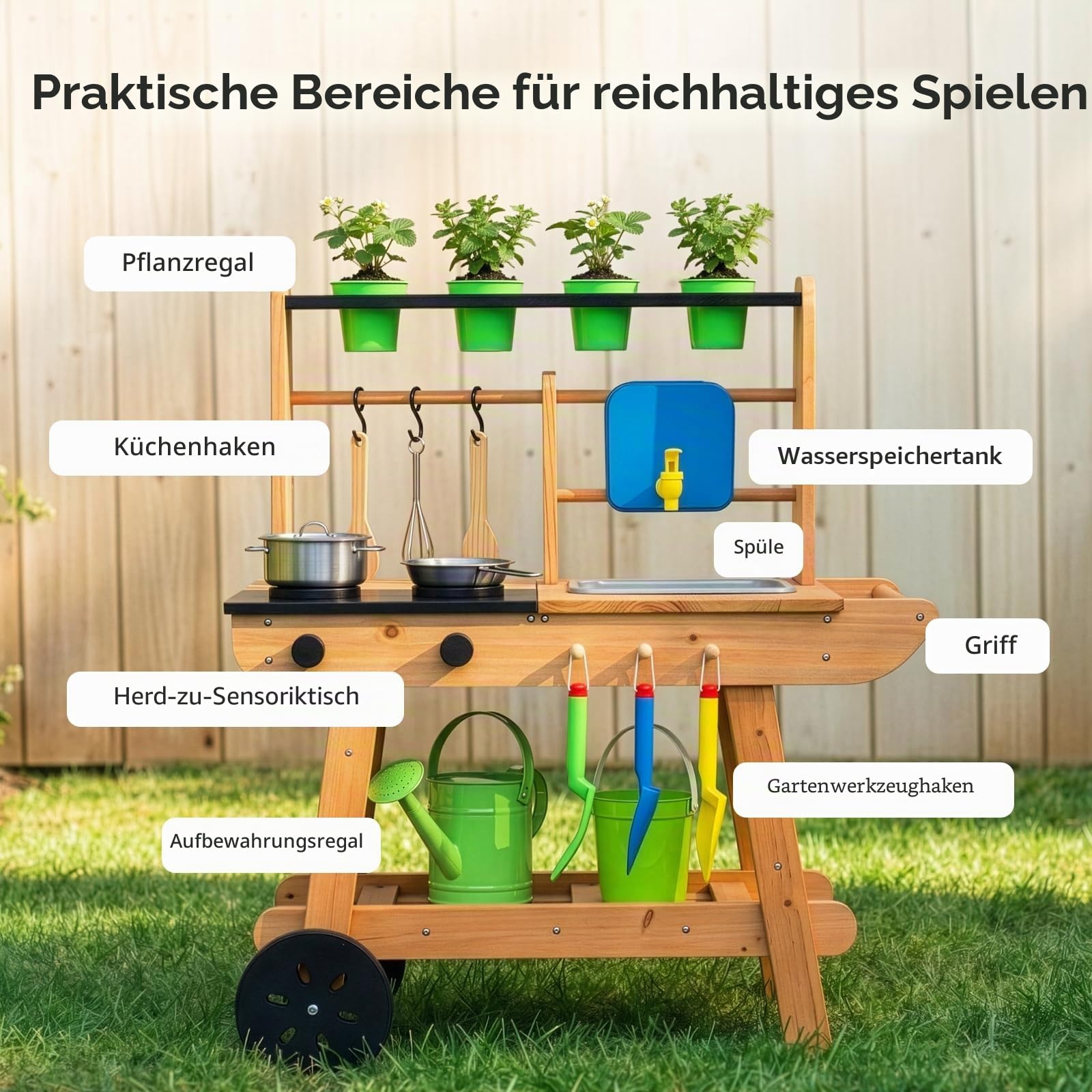 OOOK Matschküche Kinder Outdoor mit Rädern, Outdoorküche Kinder aus Holz | Multifunktionales Gartenspielküche Outdoor aus Tannenholz, für Jungen und Mädchen ab 3 Jahren, Vollständiges Zubehör Set