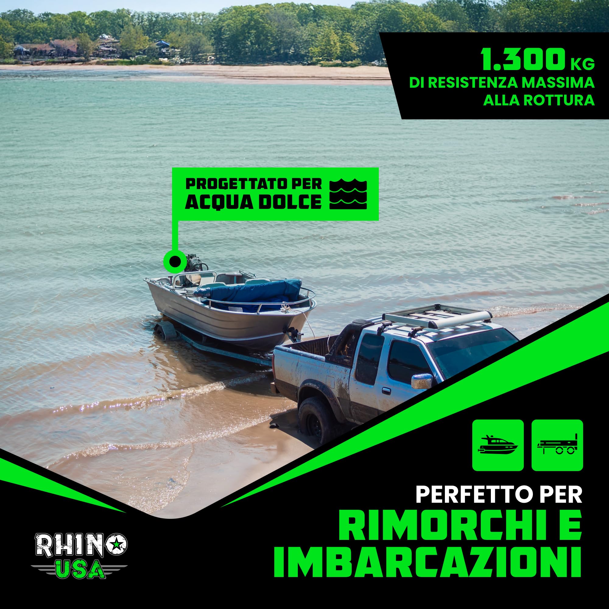 Rhino USA Cinghie Retrattili per Rimorchio Barca (Confezione da 2) - Cinghie di Fissaggio per Barca da 5cm x 1,1m, 1300kg - Fissaggio per Barca, Jet-Ski e altro! Verniciato a Polvere Nero, Acciaio