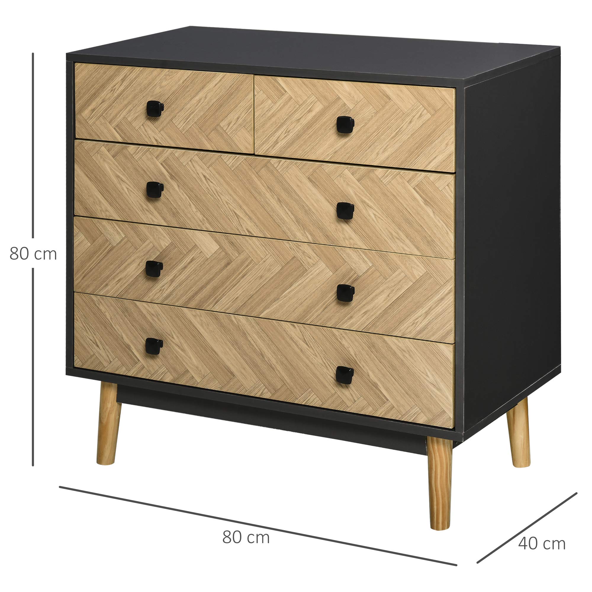 HOMCOM Cassettiera per Camera da Letto in Legno con 5 Cassetti, Stile Vintage Industriale, Grigio Scuro, 80x40x80cm