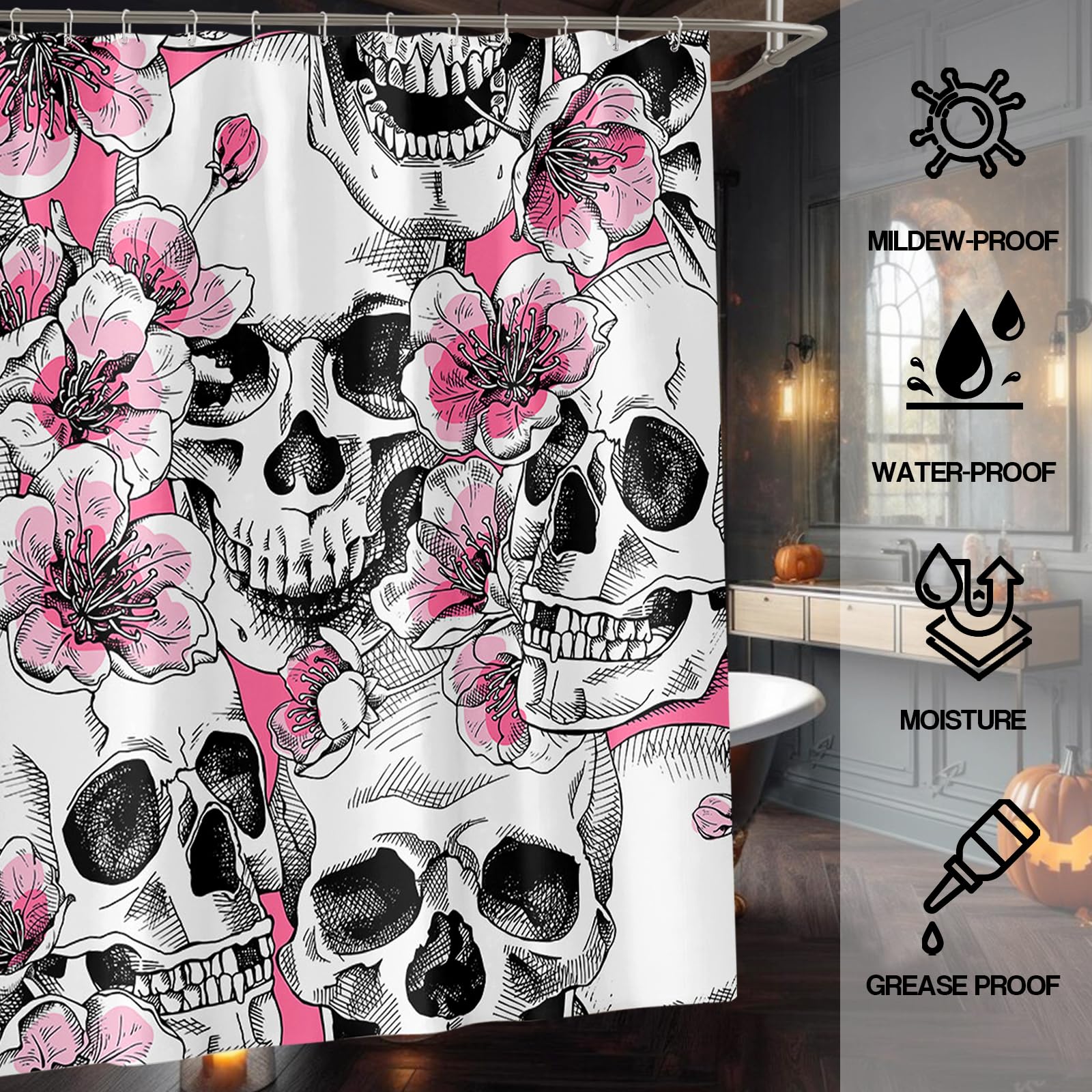 Minicoco Halloween Toilet Seat Covers Pads Funny Halloween Decorations Halloween Bathroom Set Toilet Lid Cover Set U-Shaped Toilet Rug Washable Soft Warmer Toilet Cover (Skull) - Image 2