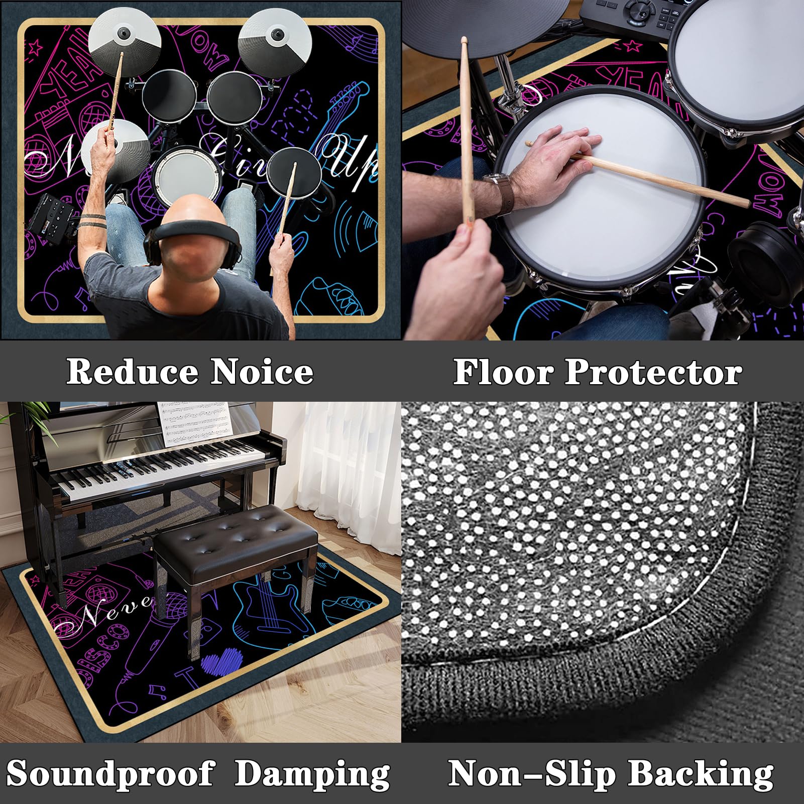 Tappeto per batteria, 160 x 140 cm, insonorizzato, tappeto per batteria professionale per batteria elettronica, bacchette per basso, rum battente, chitarre, batteria ecc. Tappetino per strumenti