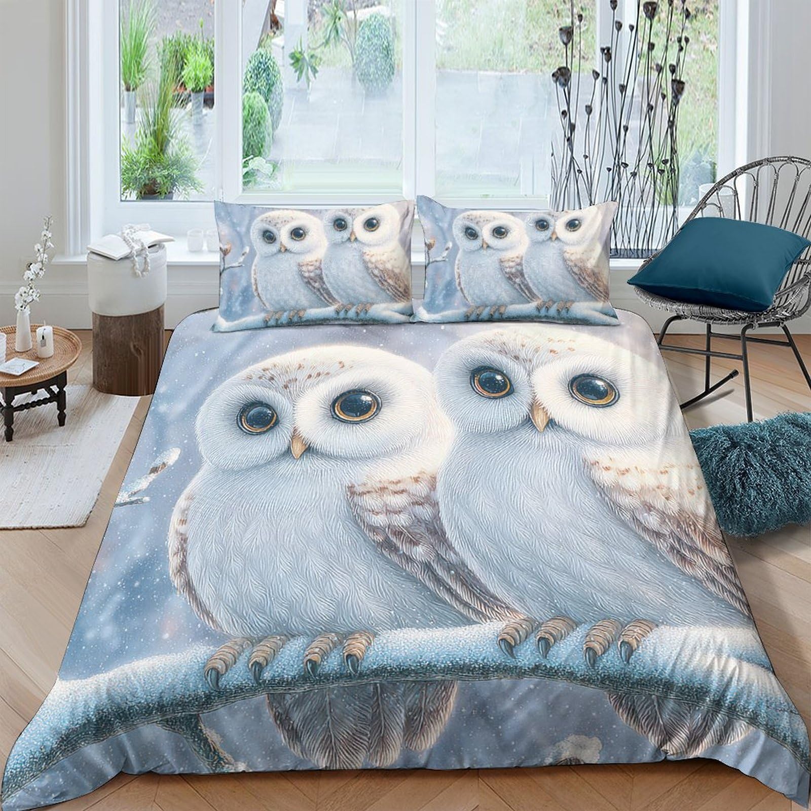 GPLZQXKJNH 3D Printed Snowy Owl Duvet Cover Set Microfiber Soft Breathable Forest Animal Bedding Set with 2 Pillowcases for Bedroom Decor Single（135x200cm）