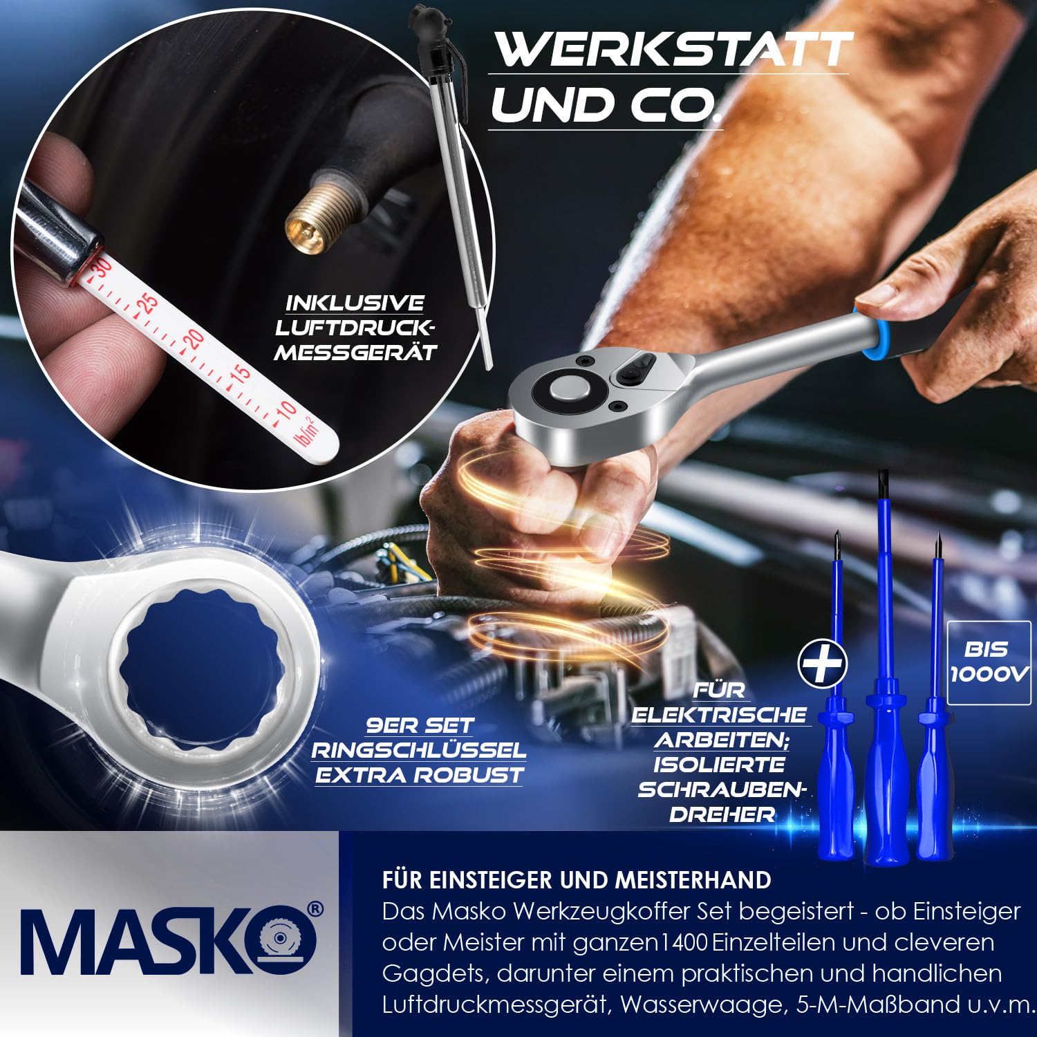 MASKO® Mallette à outils remplie de 1400 pièces | Kit d'outils dans une mallette en aluminium | Boîte à outils avec roulettes | Boîte à outils pour la maison, les loisirs, la voiture | Fonction