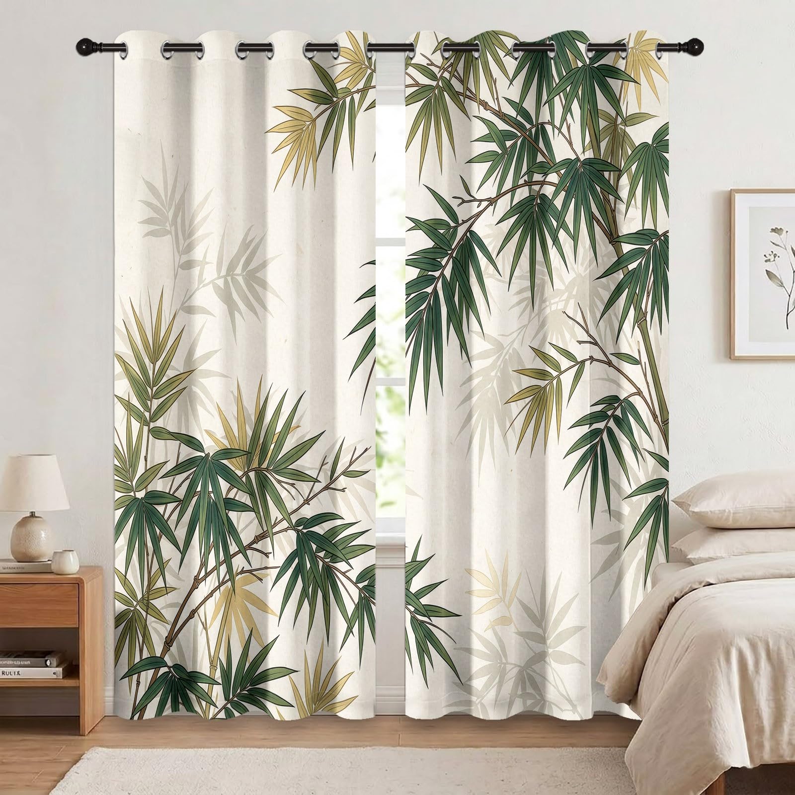 Rideaux Occultants Imprimés Motif Feuille De Bambou Chinois, Rideaux de Chambre à Plantes Et Fleurs, Style Œillets, Adaptés Aux Chambres et Bureau À Domicile, 75L X 166H cm (2 Panneaux), Vert