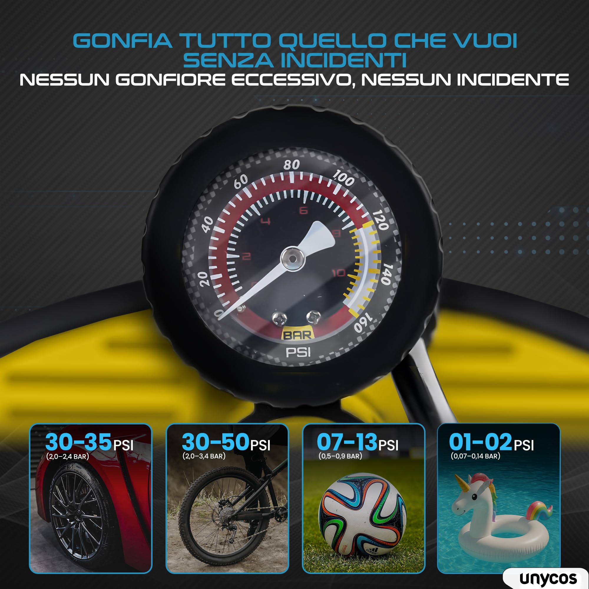 unycos - Pompa per Bicicletta con Manometro【160 PSI / 11 Bar】Compatibile con Valvole Presta e Schrader, Gonfiatore da Pavimento Portatile per Bici da Corsa, MTB, Moto, Palloni e Altri Gonfiabili