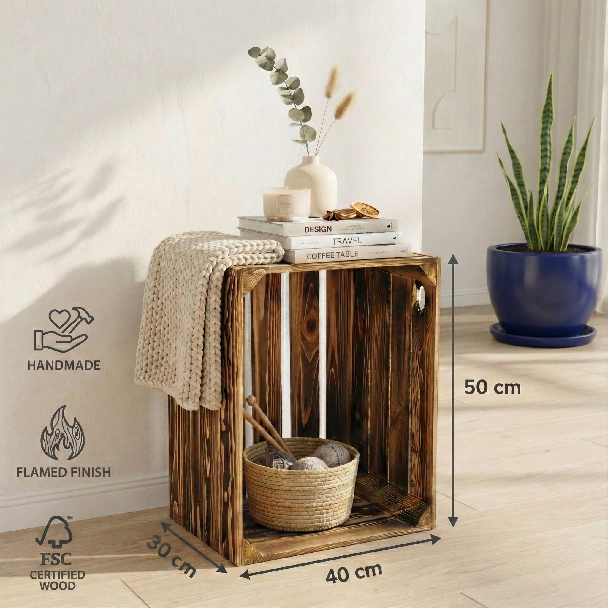 Teramico neue Holzkisten 50x40x30 cm geflammt (Holzkiste NEU, 8) | Hochwertige geflammte Holzkisten für echte Vintage Optik und eine absolut individuelle rustikale Raumgestaltung zu Hause