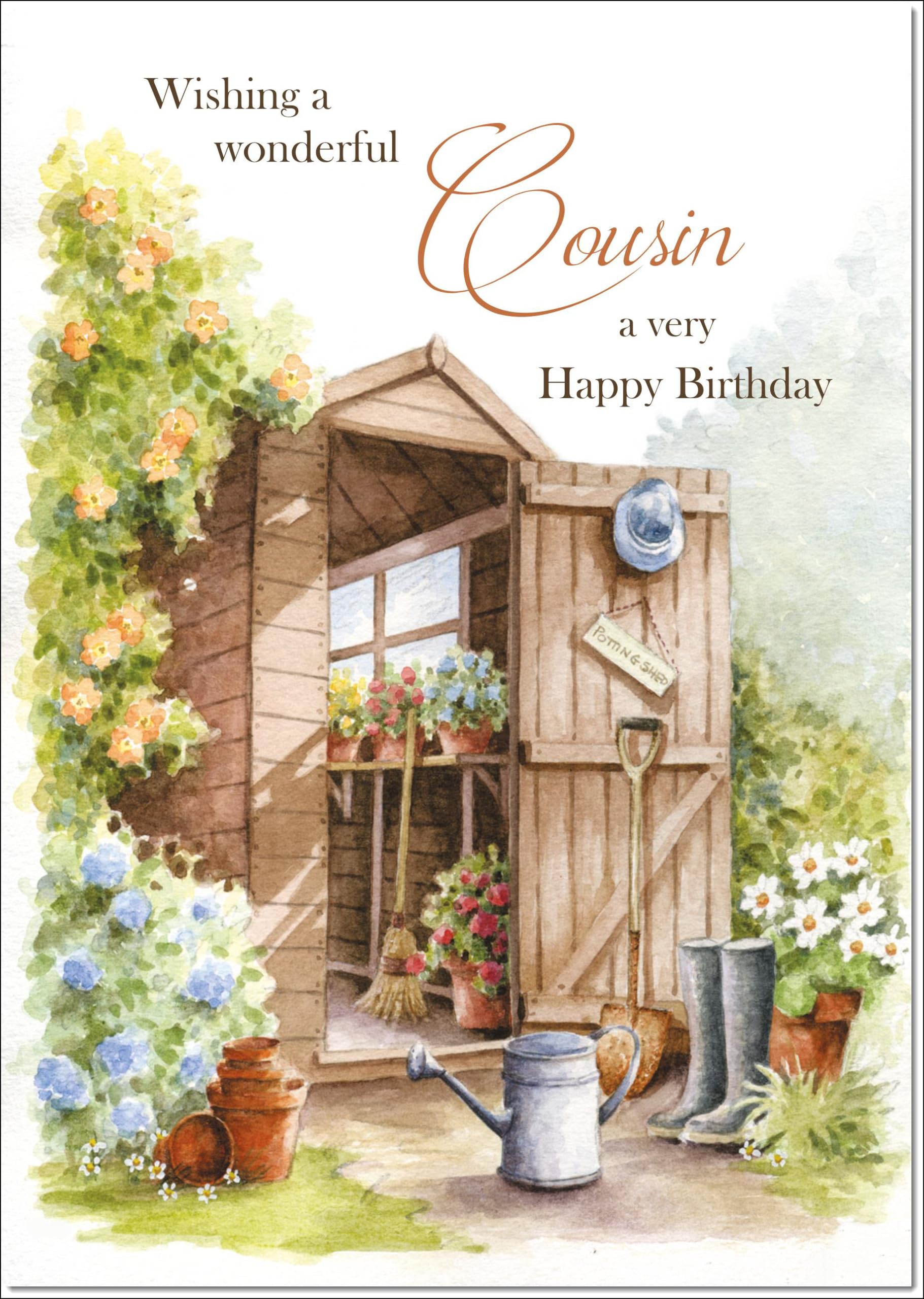 doodlecards Cousin Birthday Card Garden Shed Large A4 Size with Plain Envelope