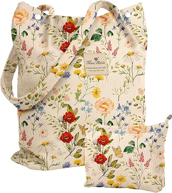 Miss Adola 2 Pack Aesthetic Corduroy Tote Bag - with Makeup Pouch Bag for Women Reusable Grocery Bag for Gym, Travel, Work
