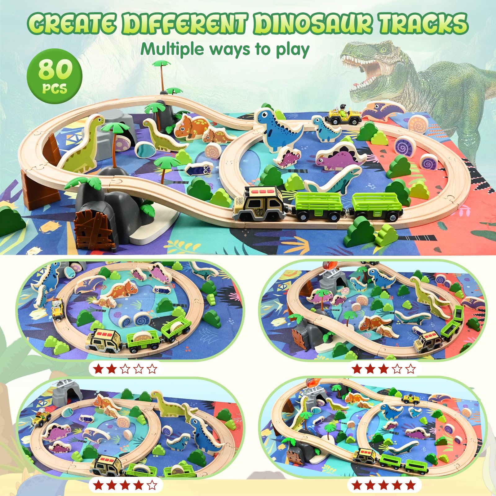Joellfuner 80 Pièces Ensemble de Trains en Bois, Jouet de Dinosaure Train avec Trains Touristique et Accessoires pour Dinosaures, Circuit Train en Bois Enfant Compatible avec Thomas, Brio et Hape