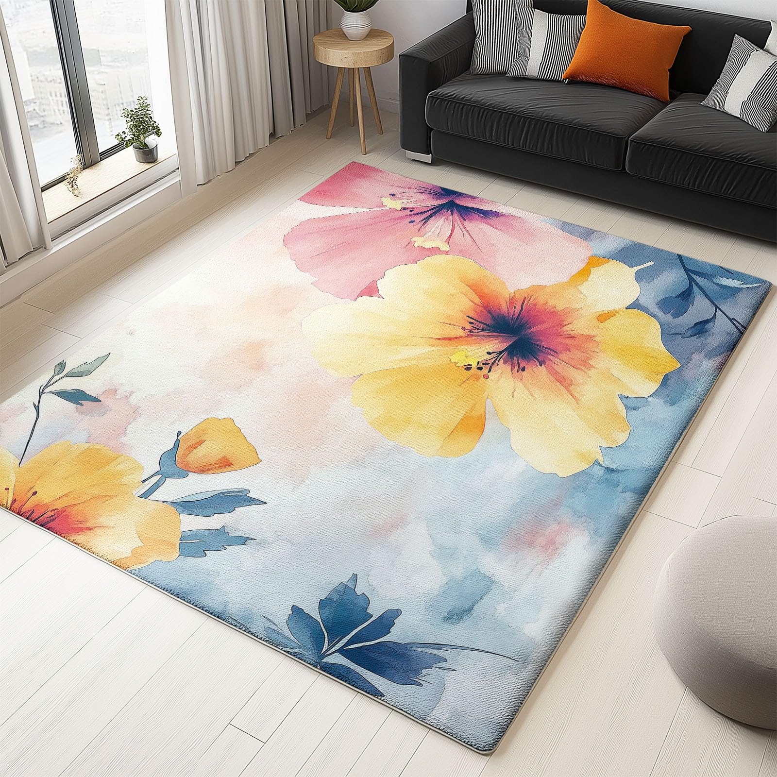 Generico Tappeto Salotto Motivo Floreale Giallo 80x150cm Tappeti Soggiorno Moderni Grandi Dimensioni, Tappeto Pelo Corto Interno, Tappeti Lavabili Antiscivolo per Camera da letto