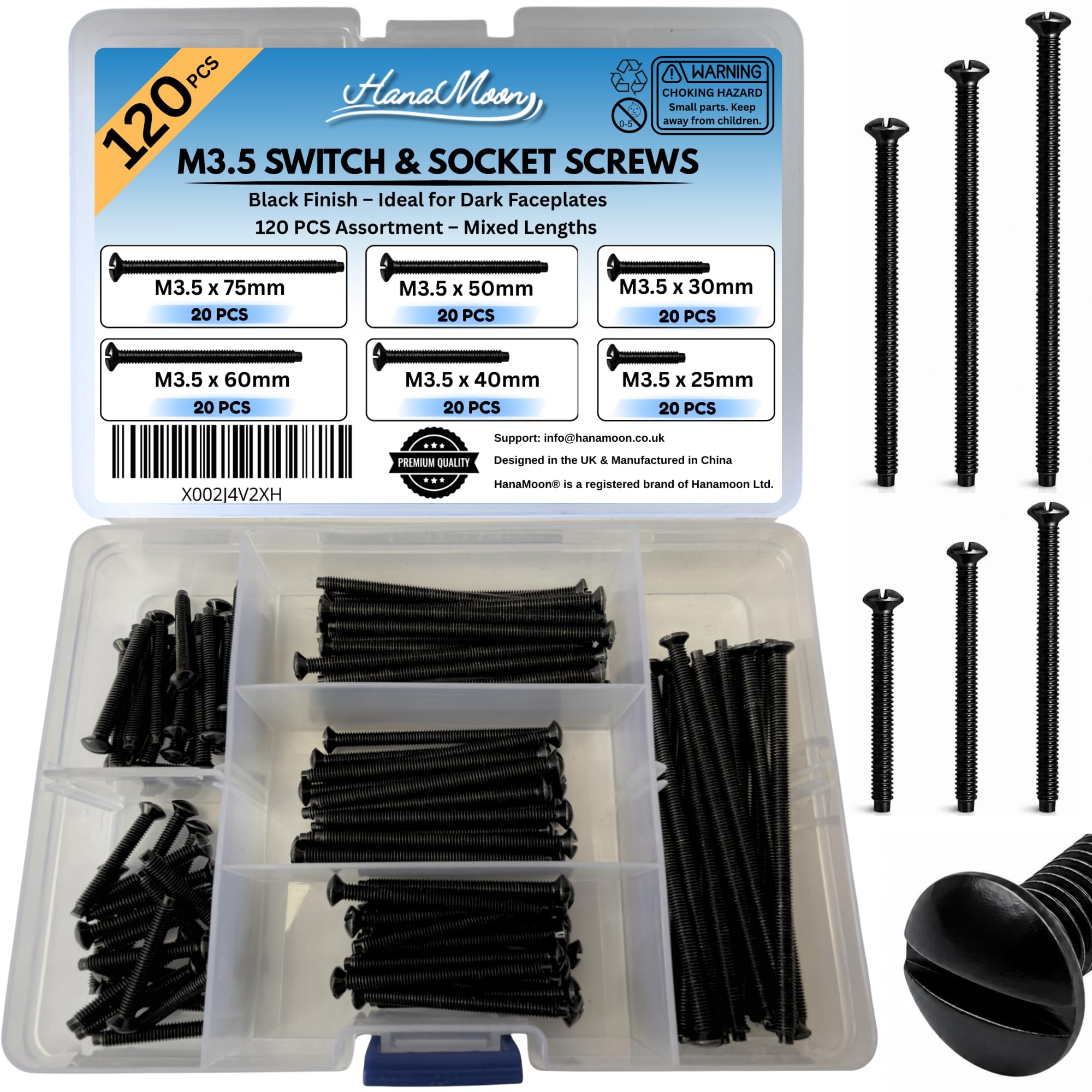 120pcs of M3.5 Black Electrical Light Switch & Socket Plug Screws Set - Mixed Lengths (25, 30, 40, 50, 60, 75mm) - Storage Case Included