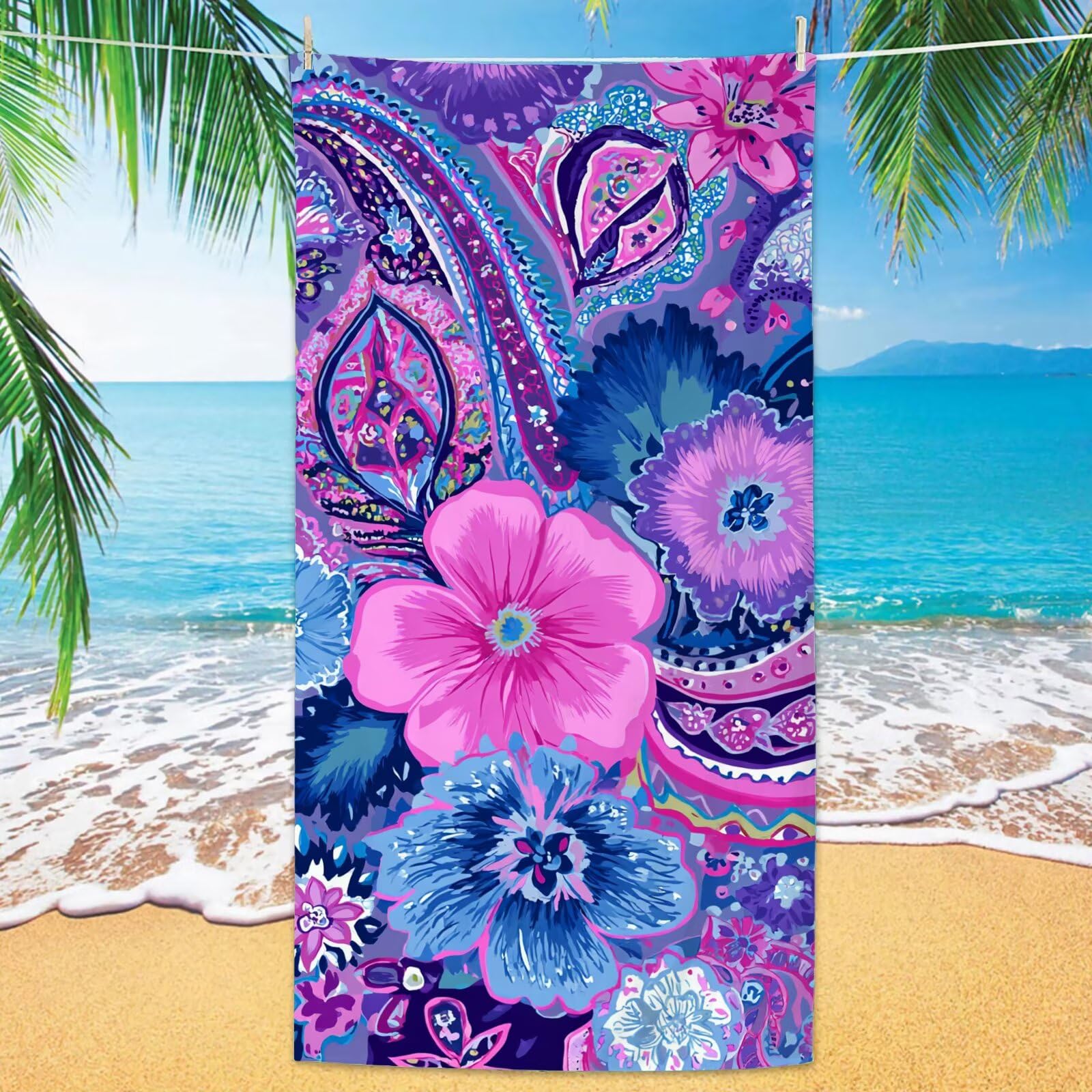 2-pak bardzo dużych 90 x 200 cm roślinny szybkoschnący ręcznik z mikrofibry bez piasku i plażowy, lekki podróżny, kompaktowy ręcznik kempingowy z torbą do przechowywania, chłonny dla kobiet, mężczyzn
