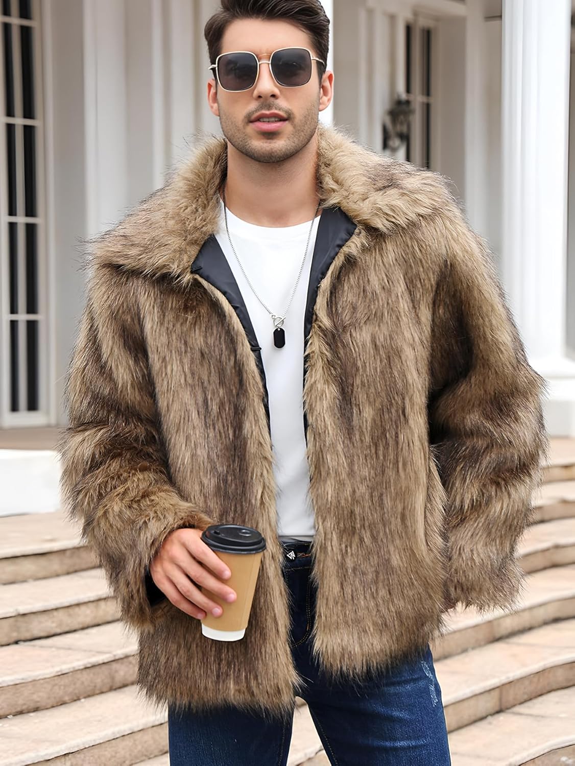 Ogfao Mens Faux Fur Jacket Luxury Fluffy Furry Coats Winter Lapel Collar Outerwear Warm Cardigans with Pockets