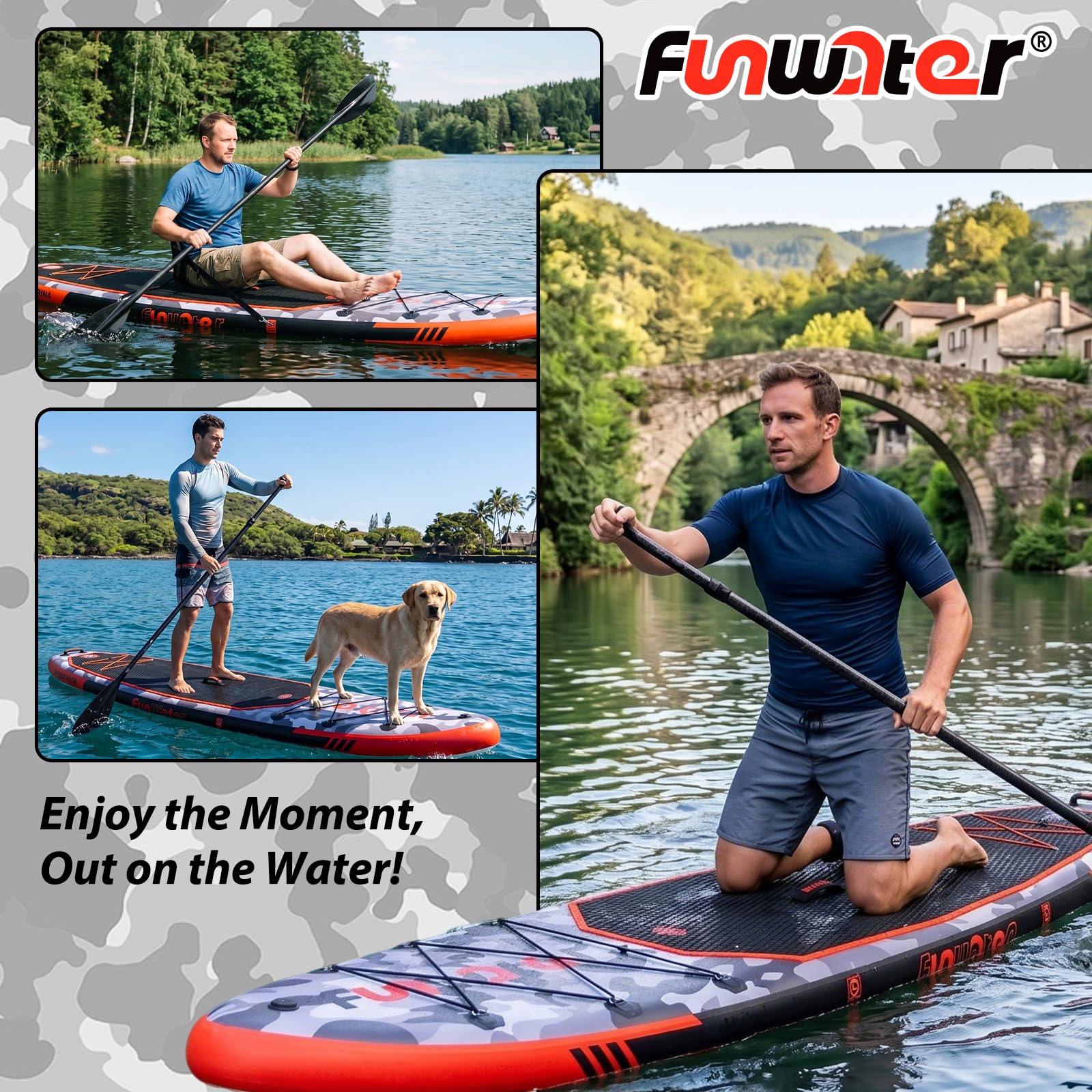 FunWater Nadmuchiwana deska SUP 330 cm – kompletny zestaw z wiosłem, plecakiem, pokrowcem na telefon komórkowy, 3 płetwami, pompką, siedziskiem i paskiem na ramię – deska SUP dla początkujących i